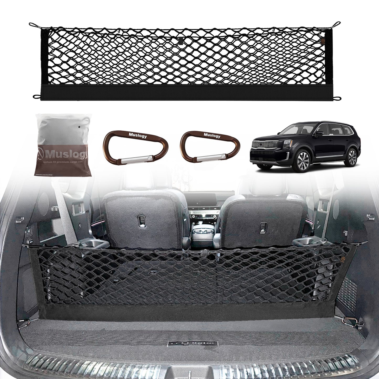 Muslogy Envelope Style Trunk Cargo Net Compatible with 2020-2024 2025 Kia Telluride Accessories Custom Fit Trunk Organizer Upgraded Mesh Storage Luggage Net with Metal Hooks