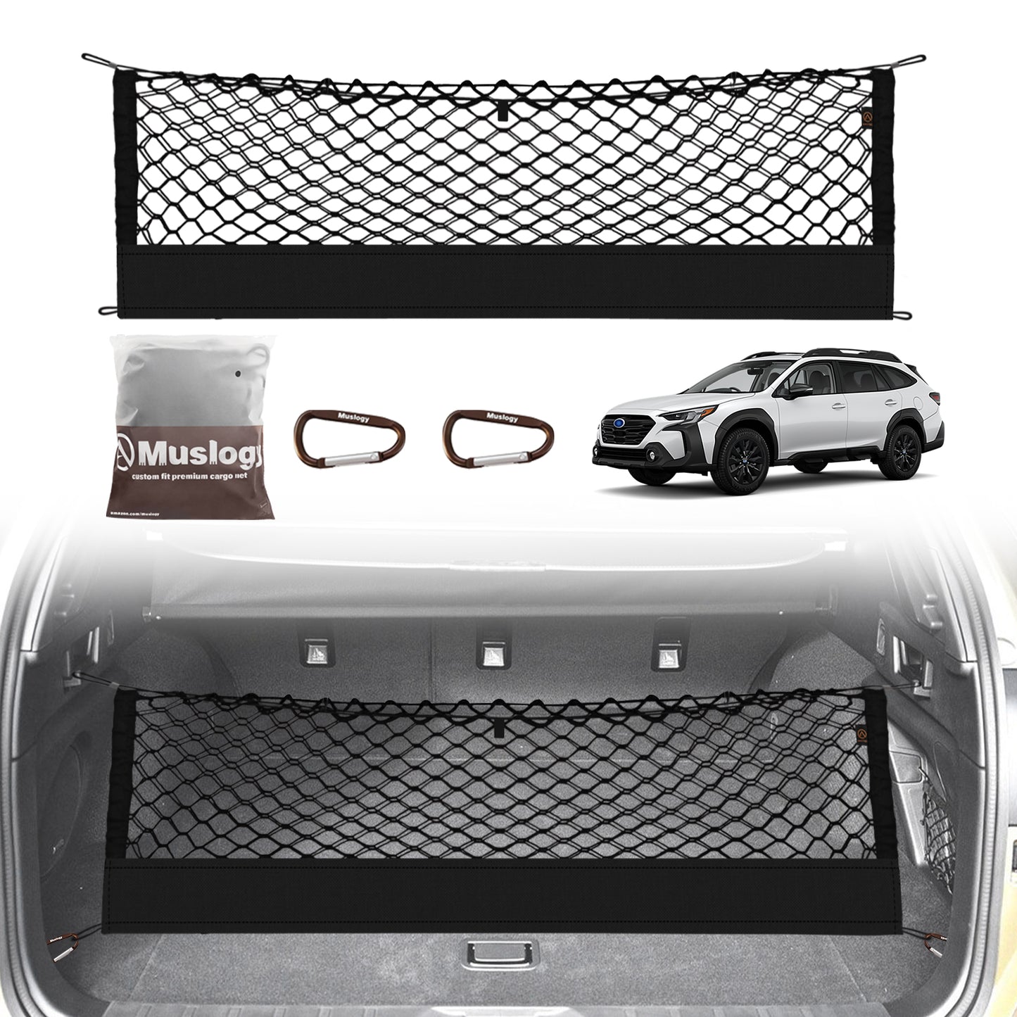 Muslogy Envelope Style Trunk Cargo Net Compatible with 2015-2024 2025 Outback Accessories Custom Fit Trunk Organizer Upgraded Storage Luggage Net with Metal Hooks