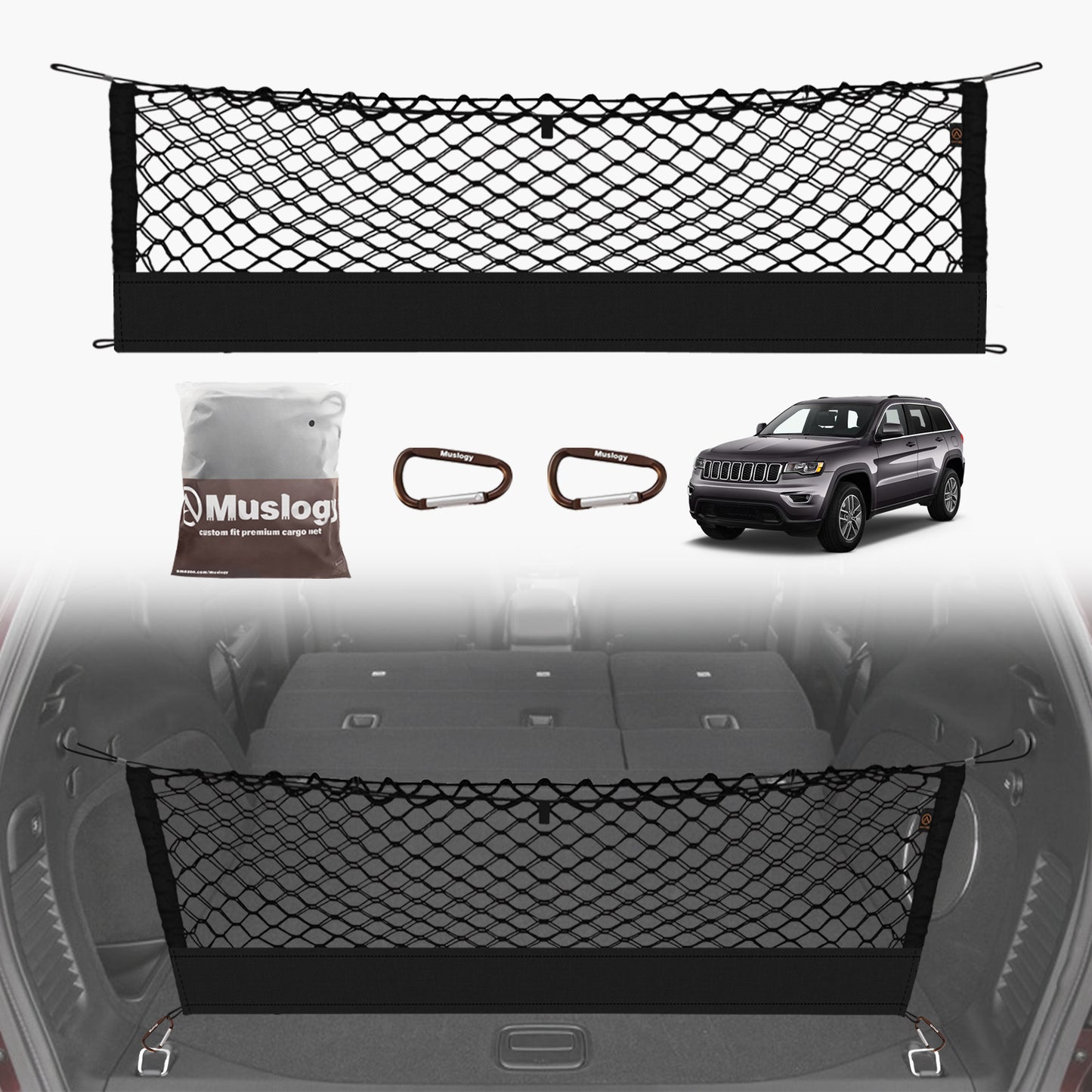 Muslogy Envelope Style Trunk Cargo Net Compatible with 2015-2021 Jeep Grand Cherokee Accessories Custom Fit Trunk Organizer Upgraded Mesh Storage Luggage Net with Metal Hooks (WK2 ONLY)