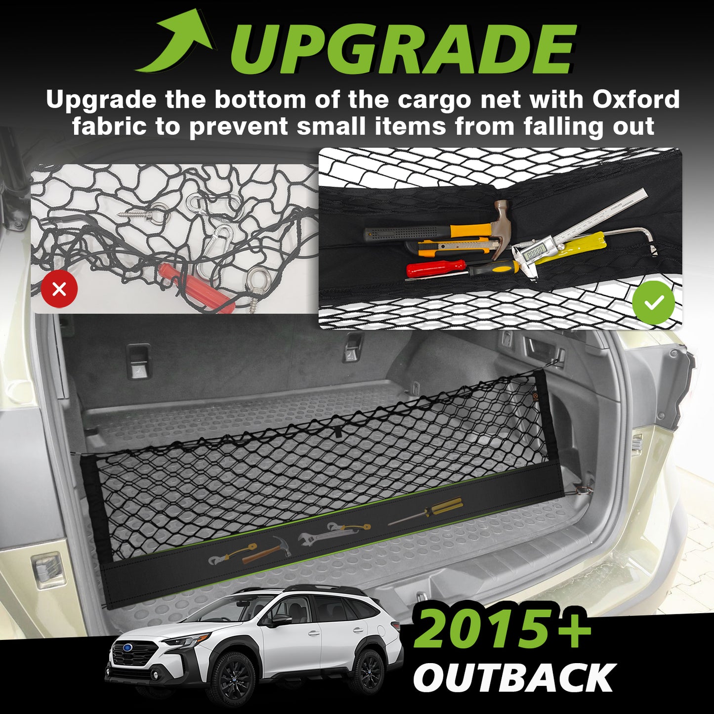 Muslogy Envelope Style Trunk Cargo Net Compatible with 2015-2024 2025 Outback Accessories Custom Fit Trunk Organizer Upgraded Storage Luggage Net with Metal Hooks