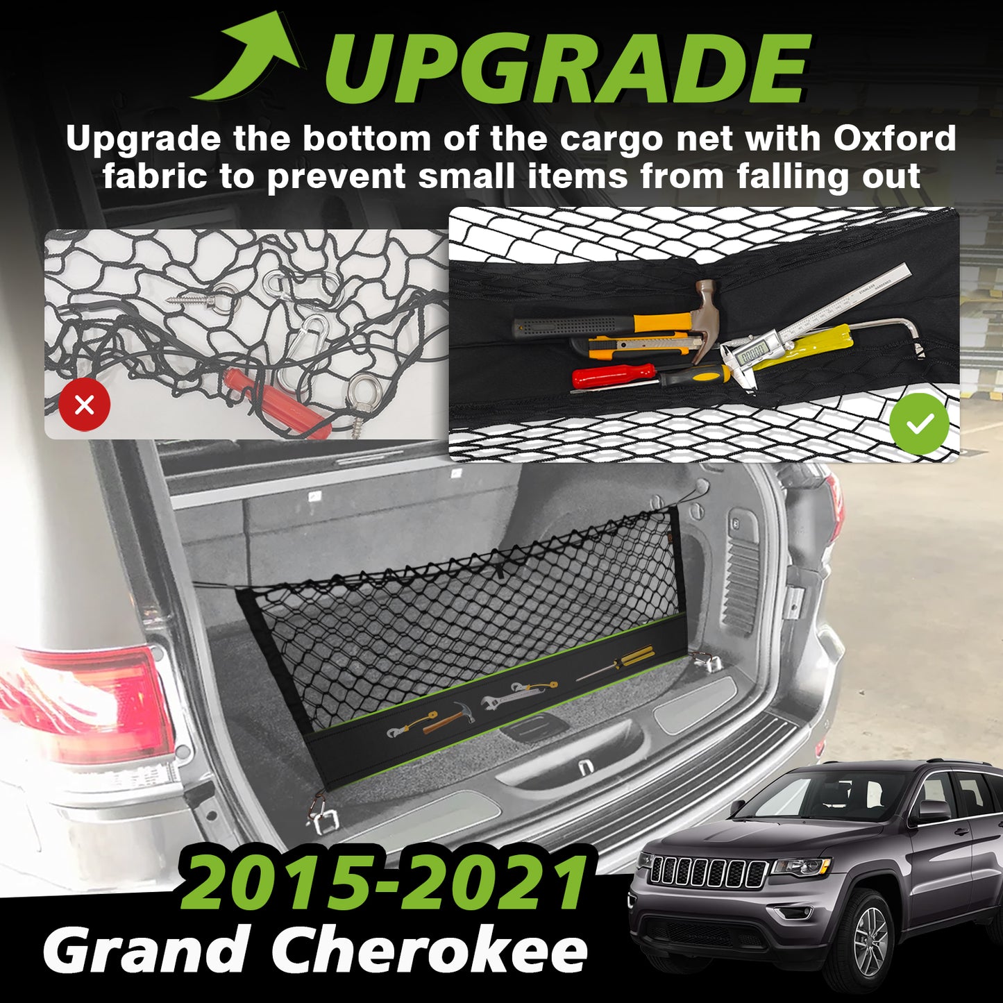 Muslogy Envelope Style Trunk Cargo Net Compatible with 2015-2021 Jeep Grand Cherokee Accessories Custom Fit Trunk Organizer Upgraded Mesh Storage Luggage Net with Metal Hooks (WK2 ONLY)