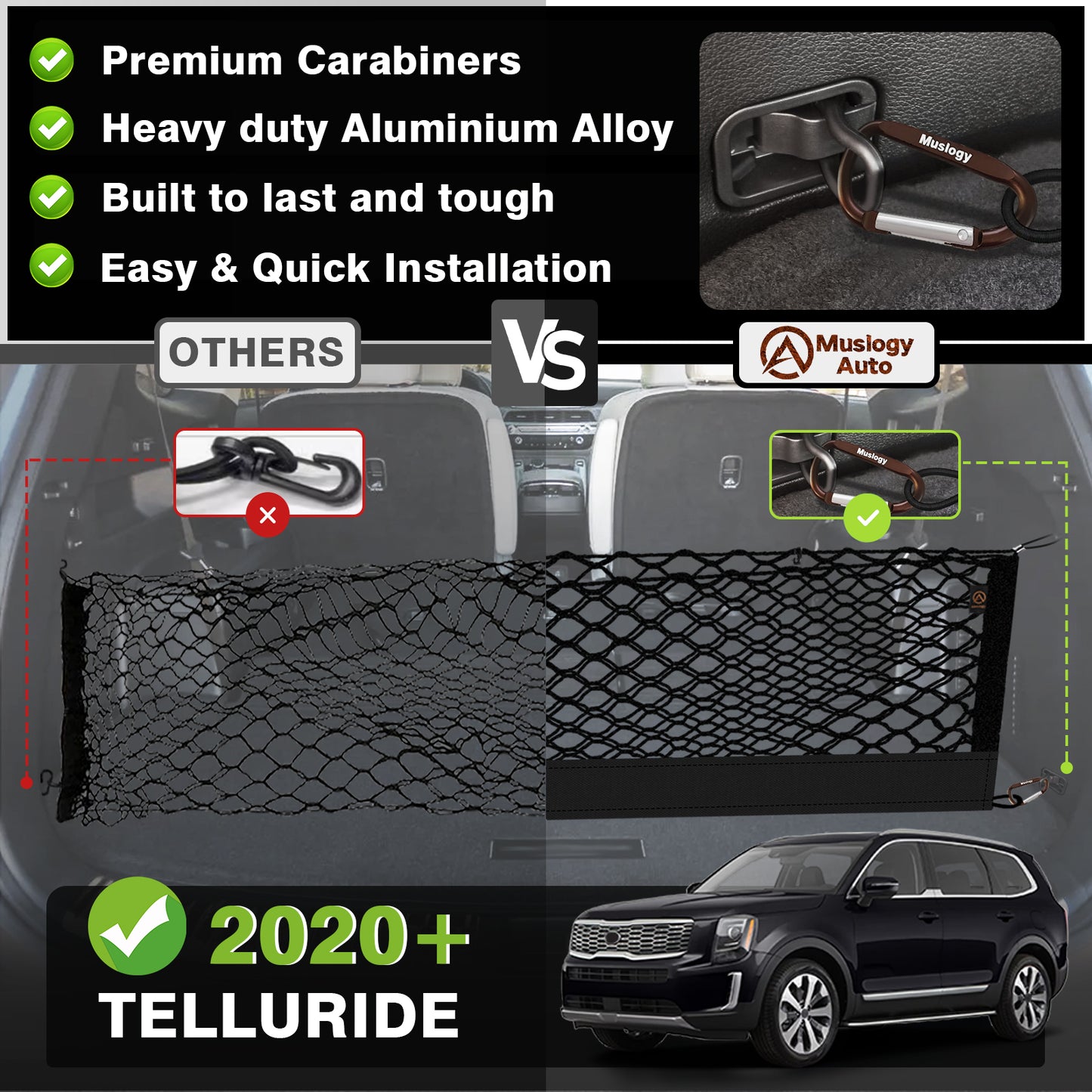 Muslogy Envelope Style Trunk Cargo Net Compatible with 2020-2024 2025 Kia Telluride Accessories Custom Fit Trunk Organizer Upgraded Mesh Storage Luggage Net with Metal Hooks