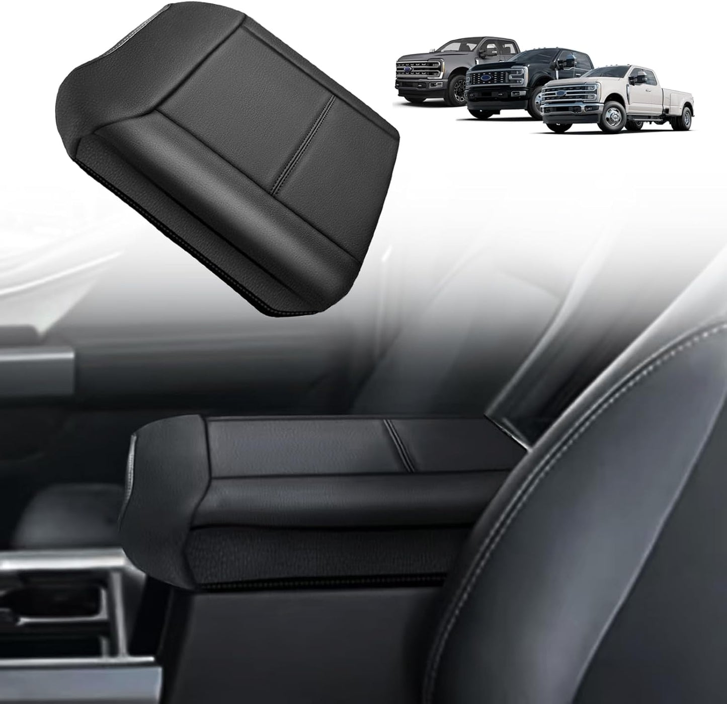 Muslogy Center Console Armrest Cover Compatible with Ford F250 F350 F450 2023 2024 2025 Super Duty Comfort Armrest Pad Arm Rest Cushion Vegan Leather Protector Regular Thick(Bucket Seat ONLY)