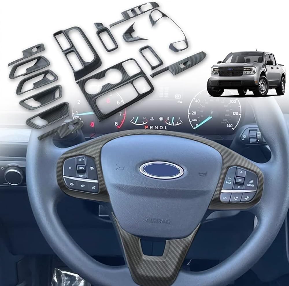 Muslogy for Maverick Set 14 Pcs Interior Decoration Trim Kit Overlays Steering Wheel Center Console Vent Window Switch Inner Door Cover Compatible with Ford Maverick 2022-2024 2025(Matt Carbon Fiber)