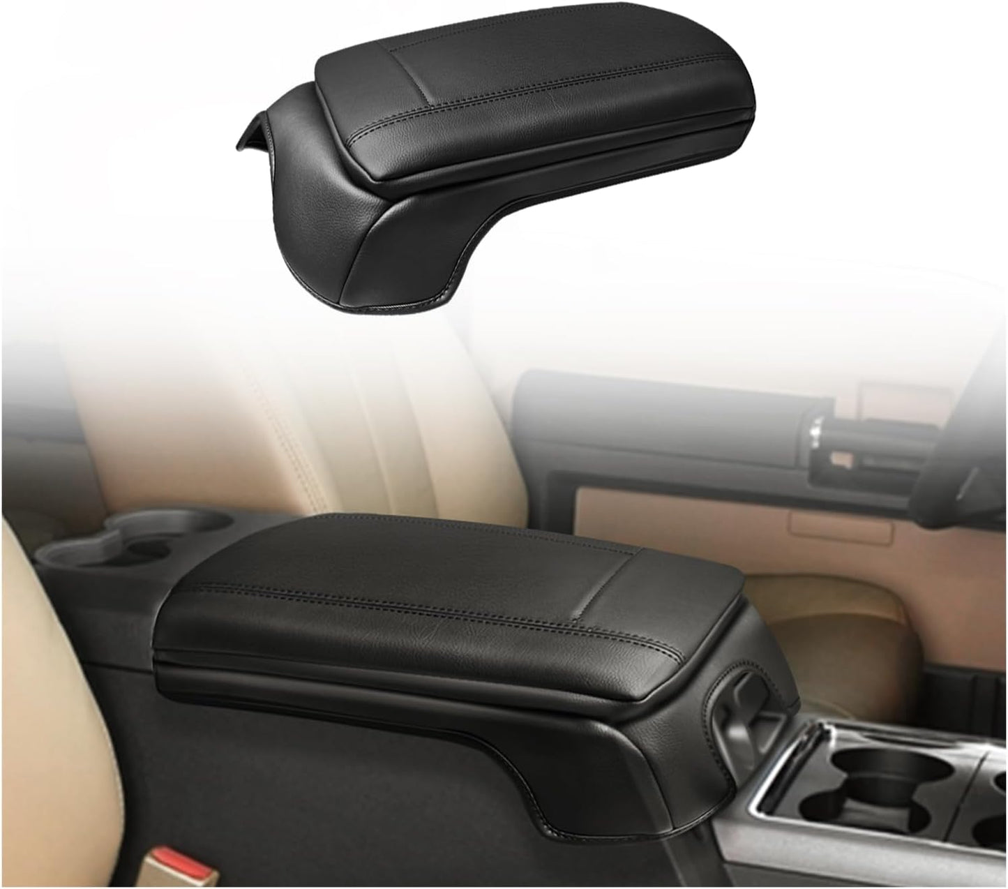 Muslogy Center Console Armrest Cover Compatible with Ford F250 F350 F450 2023 2024 2025 Super Duty Comfort Armrest Pad Arm Rest Cushion Vegan Leather Protector Regular Thick(Bucket Seat ONLY)