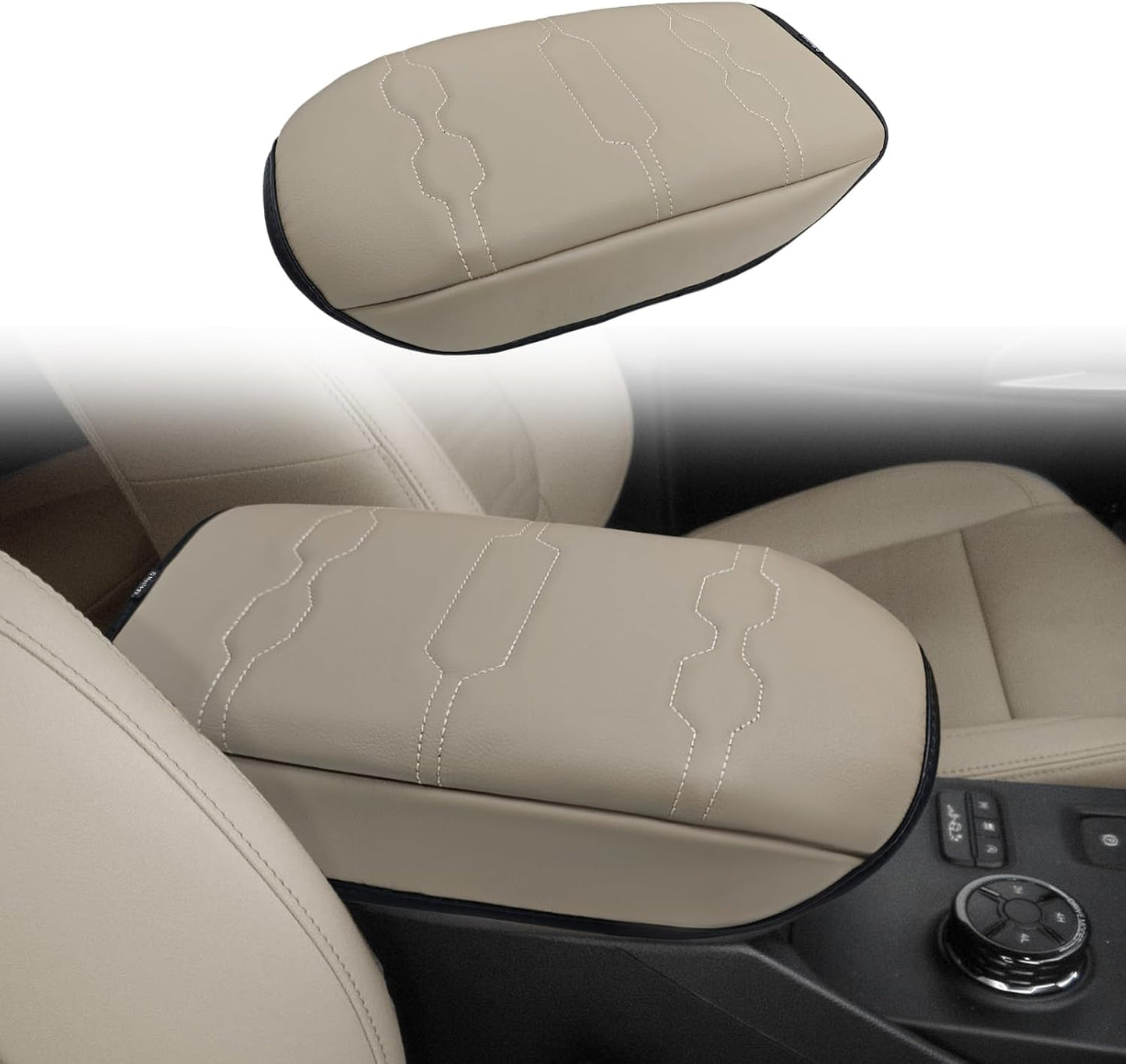 Muslogy Center Console Armrest Cover Compatible with Ford Ranger 2024 2025 Accessories Comfort Armrest Pad Cushion Box Lid Cover Vegan Leather Protector Regular Thick(Black/Black Stitching)