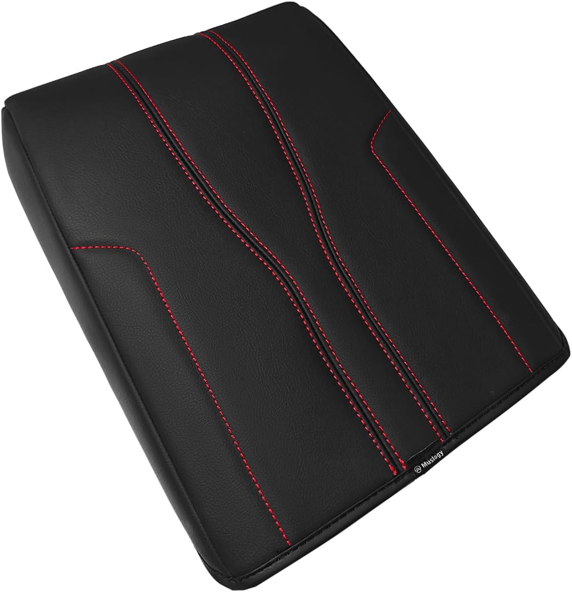 Muslogy Armrest Cover Center Console Cover Compatible with 2024 2025 GMC Acadia & Chevrolet Chevy Traverse Accessories Vegan Leather Arm Rest Middle Console Protector (Black/Red Stitching)