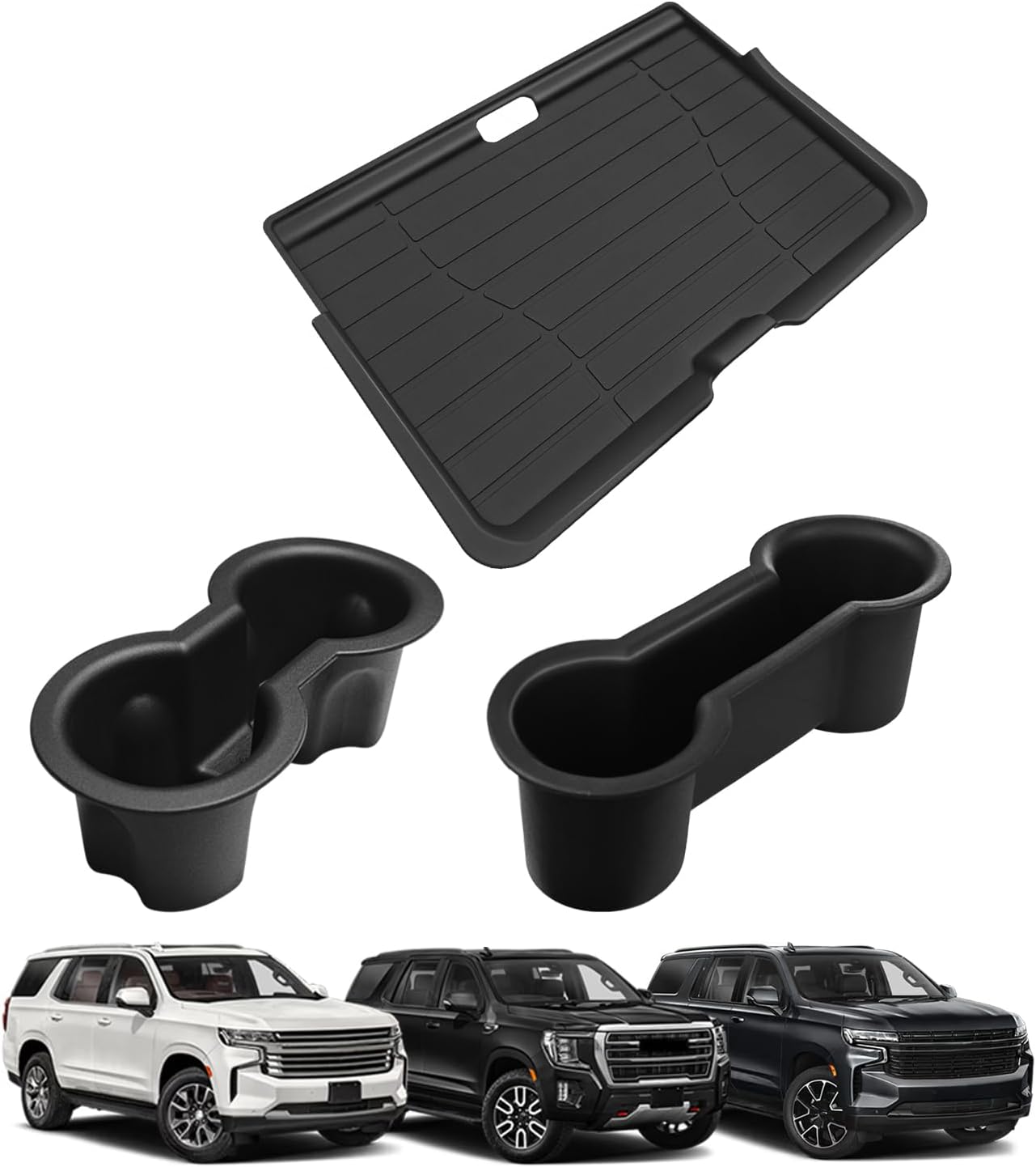 Muslogy Center Console Organizer & Cup Holder Inserts Compatible with 2021-2024 GMC Yukon Chevy Tahoe Suburban Accessories Front & Rear Drink Holder & Armrest Storage Box(Power Sliding Console)