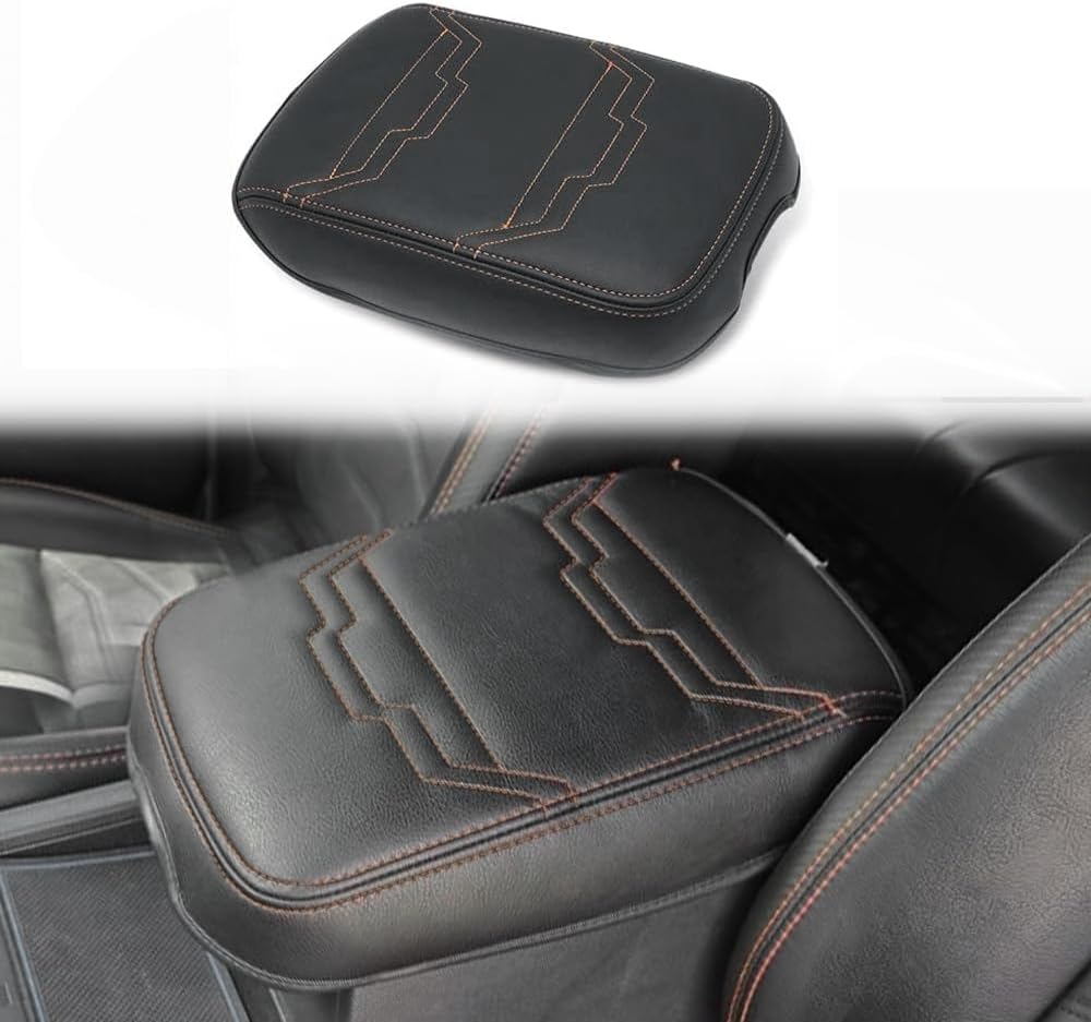 Muslogy for Frontier Center Console Pad Armrest Box Cover Vegan Leather Soft Accessories Armrest Lid Protector Compatible with Nissan Frontier 2022-2024 2025 (Regular Thick, V1 Black Stitching)