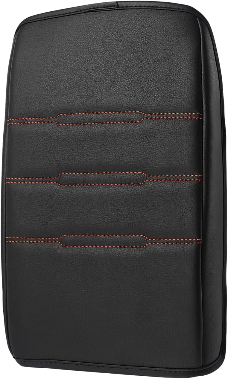 Muslogy Center Console Cover Compatible with 2023 2024 2025 Honda CR-V Accessories CRV Hybrid LX EX EX-L Sport Touring Armrest Cover Lid Cushion Protector Vegan Leather Extra Soft(Black/Orange Trim)