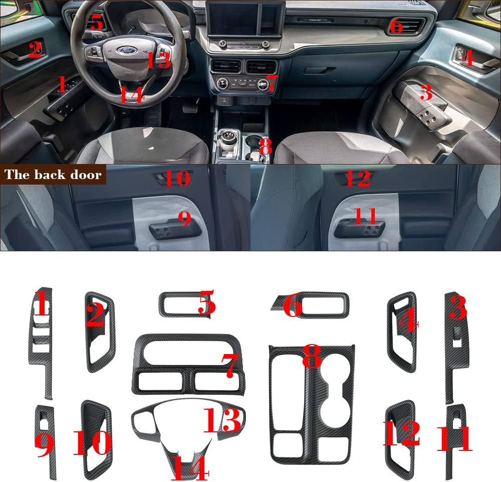 Muslogy for Maverick Set 14 Pcs Interior Decoration Trim Kit Overlays Steering Wheel Center Console Vent Window Switch Inner Door Cover Compatible with Ford Maverick 2022-2024 2025(Matt Carbon Fiber)