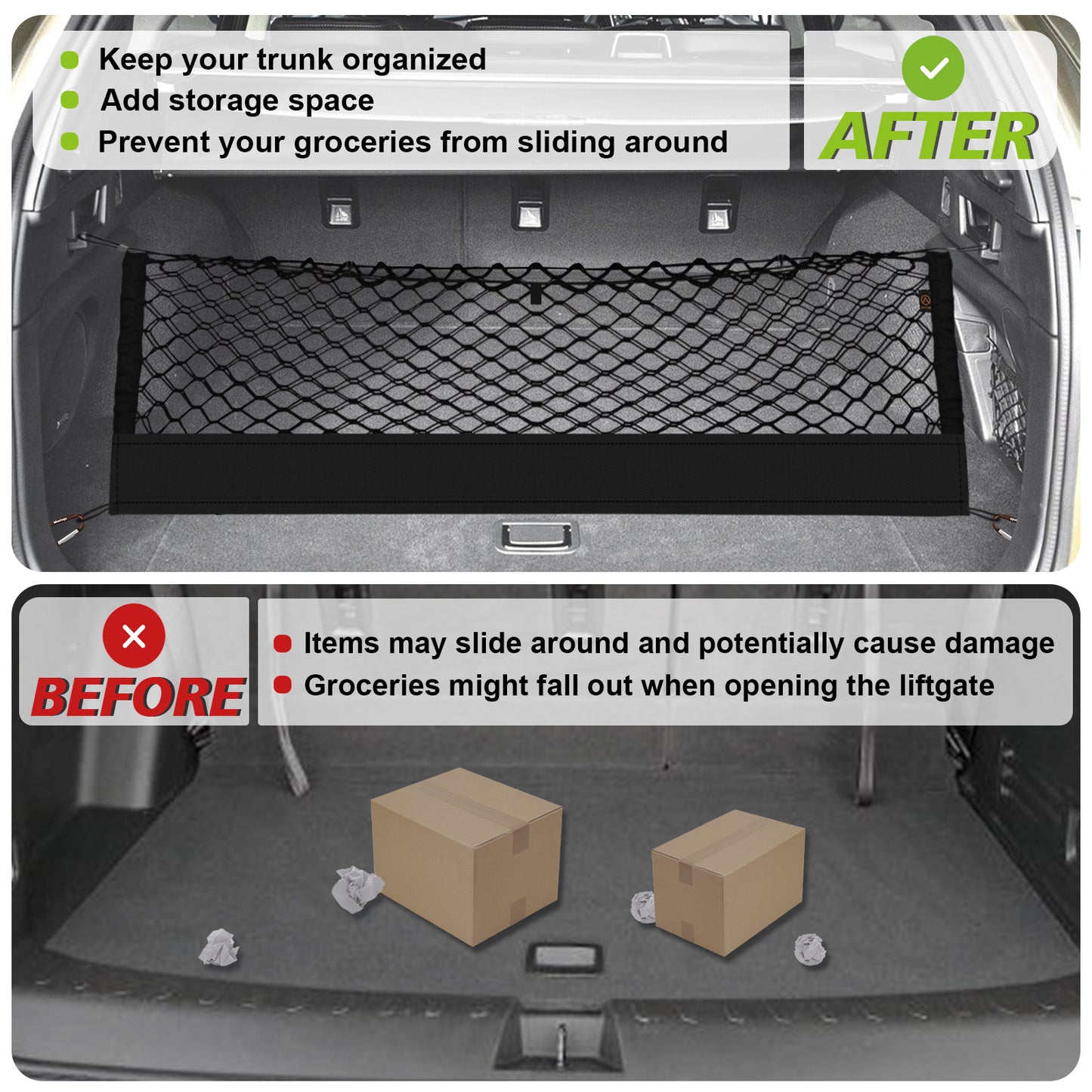 Muslogy Envelope Style Trunk Cargo Net Compatible with 2015-2024 2025 Outback Accessories Custom Fit Trunk Organizer Upgraded Storage Luggage Net with Metal Hooks