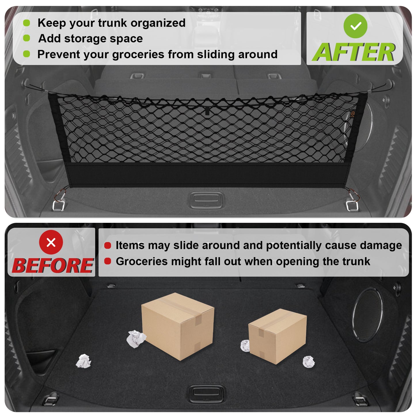 Muslogy Envelope Style Trunk Cargo Net Compatible with 2015-2021 Jeep Grand Cherokee Accessories Custom Fit Trunk Organizer Upgraded Mesh Storage Luggage Net with Metal Hooks (WK2 ONLY)