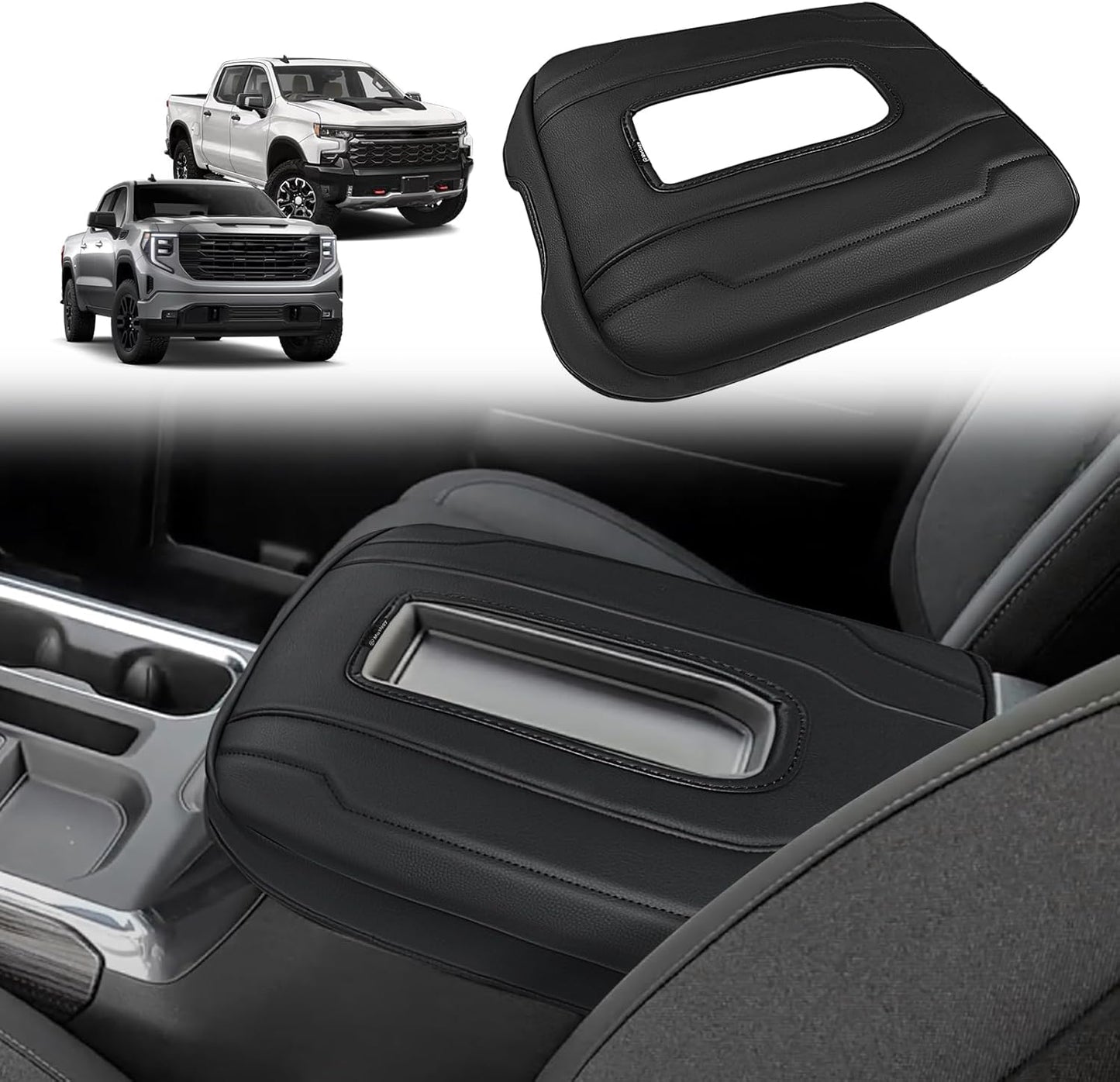 Muslogy Center Console Armrest Cover Compatible with Chevy Silverado & GMC Sierra 1500 2500 3500 2014-2018 Comfort Armrest Pad Arm Rest Cushion Vegan Leather Protector Regular Thick(Bucket Seat ONLY)