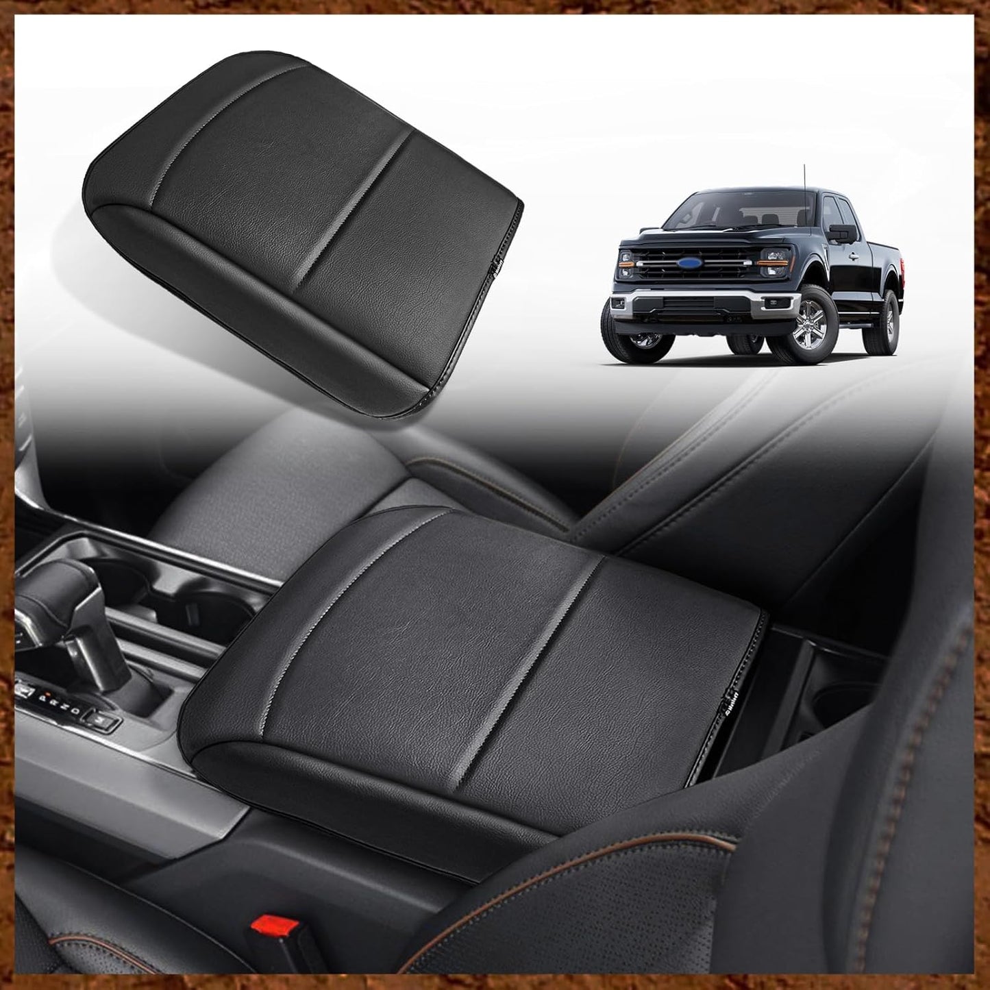 Muslogy Center Console Armrest Cover Compatible with Ford F-150 F150 2021-2025 Comfort Armrest Pad Arm Rest Cushion Vegan Leather Protector Regular Thick(WorkSurface ONLY)