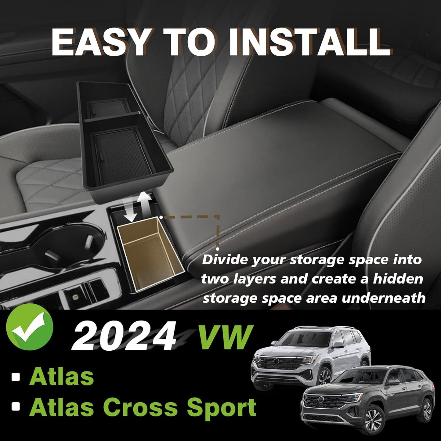 Muslogy Center Console Organizer Compatible with Volkswagen Atlas & Cross Sport 2024 Accessories Middle Console Storage Box & Armrest Front Tray 2PCS Set (Console Organizer+Armrest Front Tray)