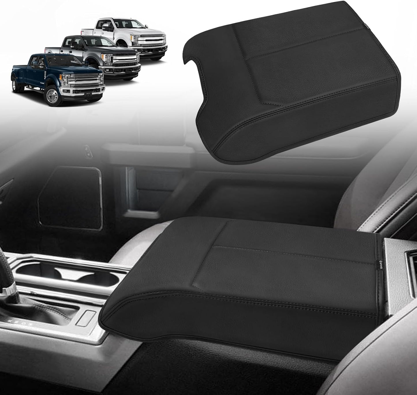 Muslogy Center Console Armrest Cover Compatible with Ford F250 F350 F450 2023 2024 2025 Super Duty Comfort Armrest Pad Arm Rest Cushion Vegan Leather Protector Regular Thick(Bucket Seat ONLY)