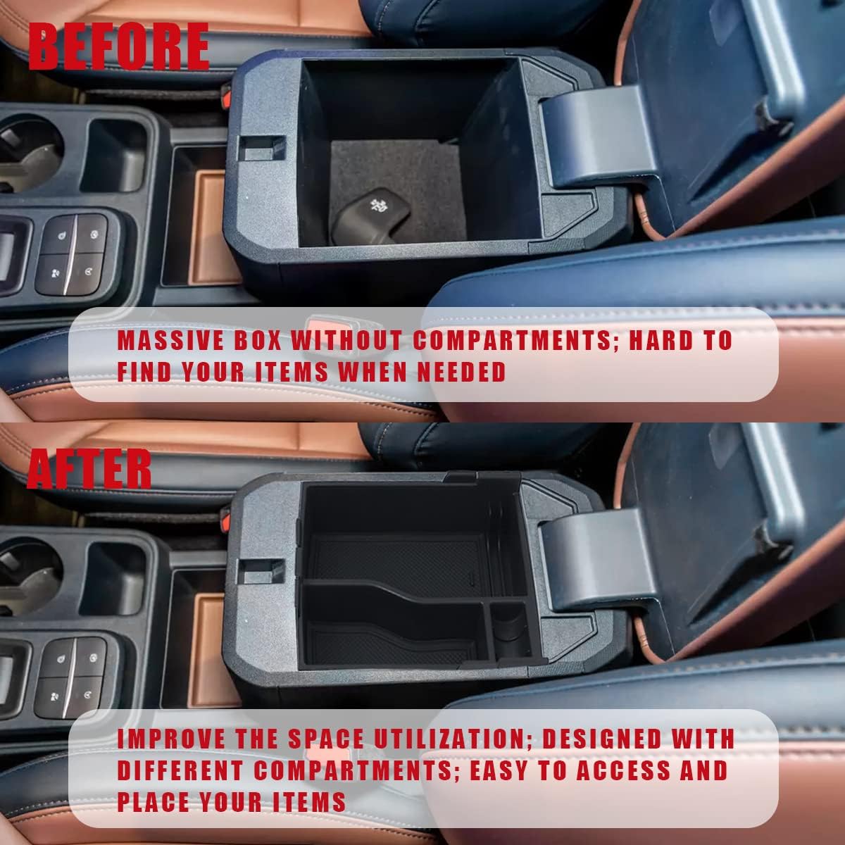 Muslogy for Maverick Center Console Organizer Tray 2 Layers Armrest Storage Box Secondary Insert Tray ABS Material Pickup Interior Accessories Compatible with Ford Maverick 2022 2023 2024 (Black)
