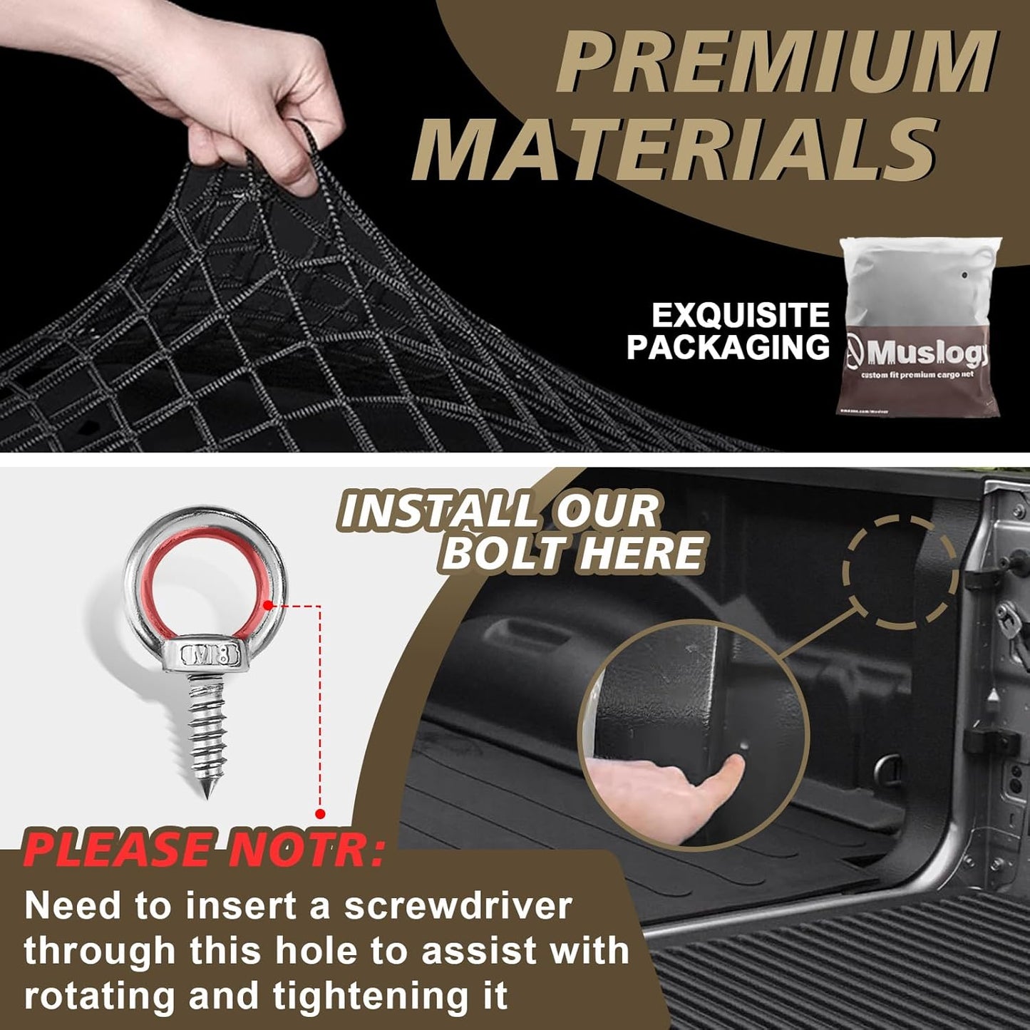Muslogy Truck Bed Cargo Net Compatible with Dodge Ram 1500 2019-2025 Accessories Storage Organizer Pickup Truck Bed Envelope Style Cargo Net with Heavy Duty Carabiners 10