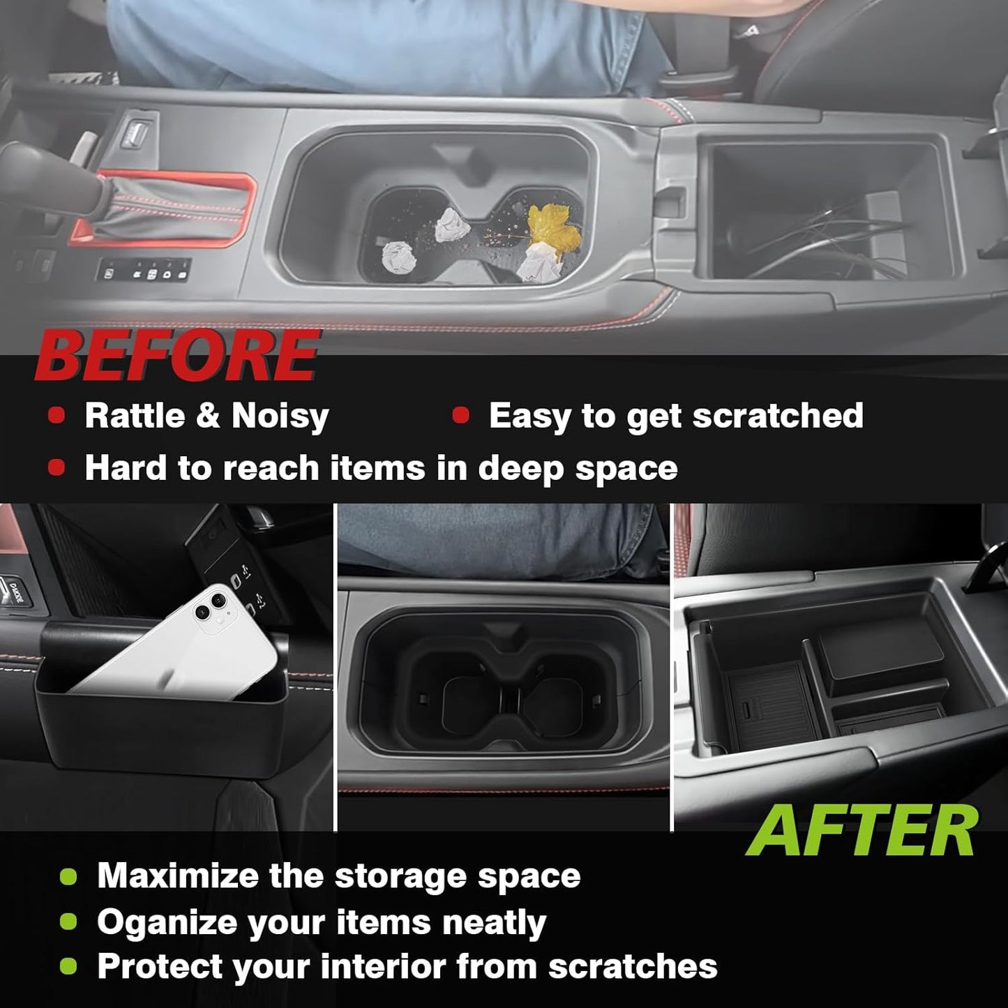 Muslogy Center Console Organizer & Cup Holder Insert 3PCS Set Compatible with 2025 Nissan Kicks Armrest Box Divider Gear Shift Storage Pocket Drink Stopper (Console Tray & Side Pocket & CupHolder)