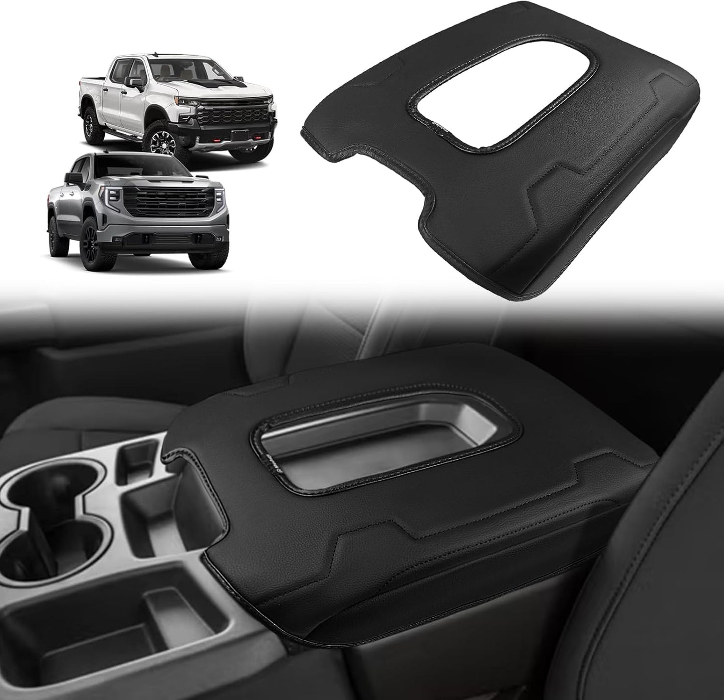 Muslogy Center Console Armrest Cover Compatible with Chevy Silverado & GMC Sierra 1500 2500 3500 2014-2018 Comfort Armrest Pad Arm Rest Cushion Vegan Leather Protector Regular Thick(Bucket Seat ONLY)