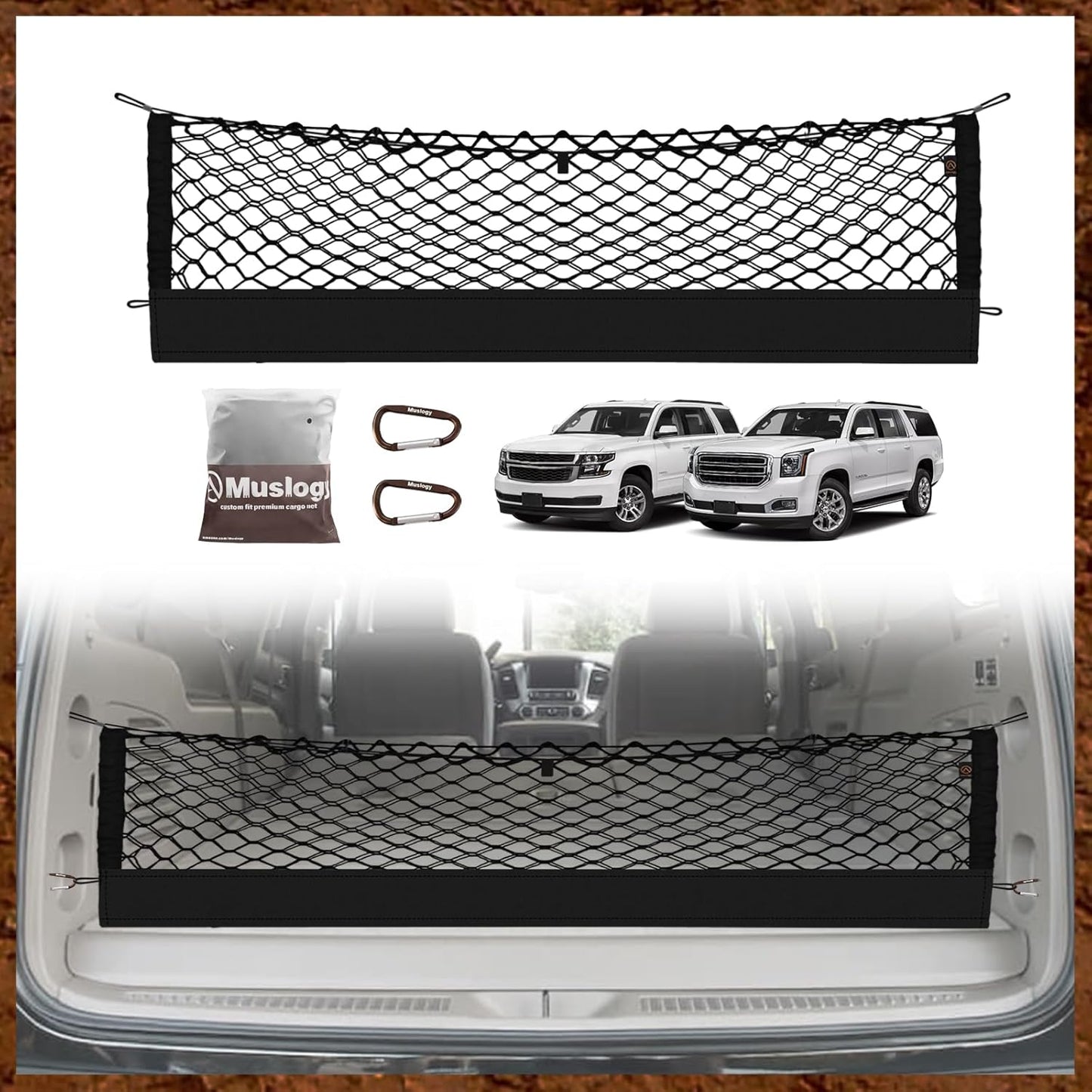 Muslogy Envelope Style Trunk Cargo Net Compatible with 2021-2025 Chevy Suburban&Tahoe, GMC Yukon&Yukon XL, Cadillac Escalade Accessories Upgraded Mesh Storage Luggage Net with Metal Hooks