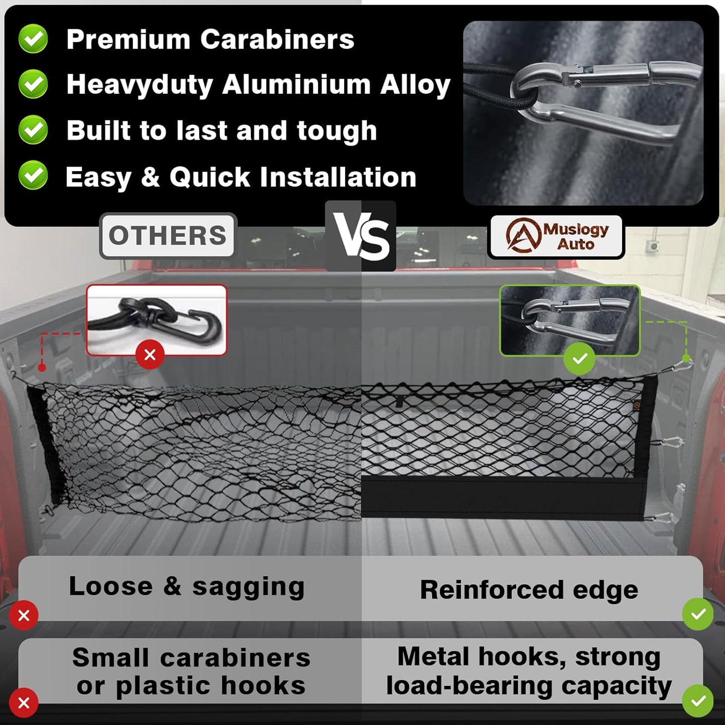 Muslogy Truck Bed Cargo Net Compatible with 2013-2025 Chevy Silverado & GMC Sierra 1500/2500HD/3500HD Accessories Storage Organizer Pickup Truck Bed Envelope Style Cargo Net with Heavy Duty Carabiners