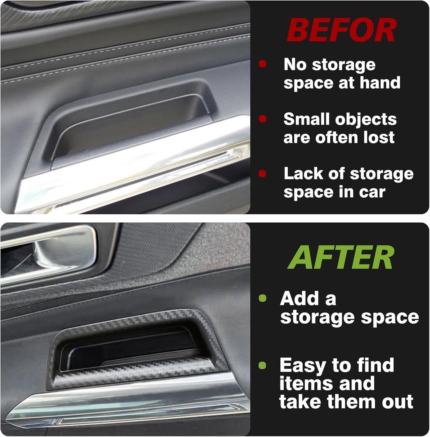 Muslogy for 2024 2025 Mustang Door Handle Storage Box 2PCS Door Pocket Insert Organizer Interior Accessories Armrest Phone Container ABS Tray Compatible with Ford Mustang 2024 2025