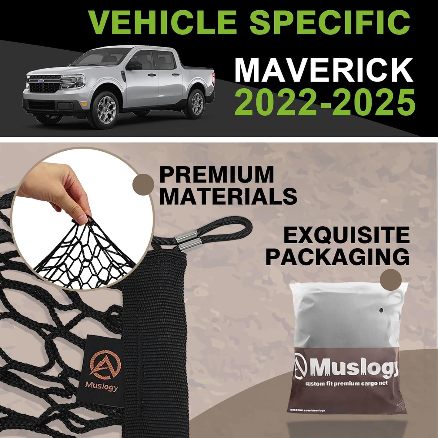 Muslogy Truck Bed Cargo Net Compatible with 2022-2024 2025 Ford Maverick Accessories Envelope Style Bed Net Trunk Organizer - Upgraded Support Stability Rope with Metal Carabiners Tight Fit, Won't Sag