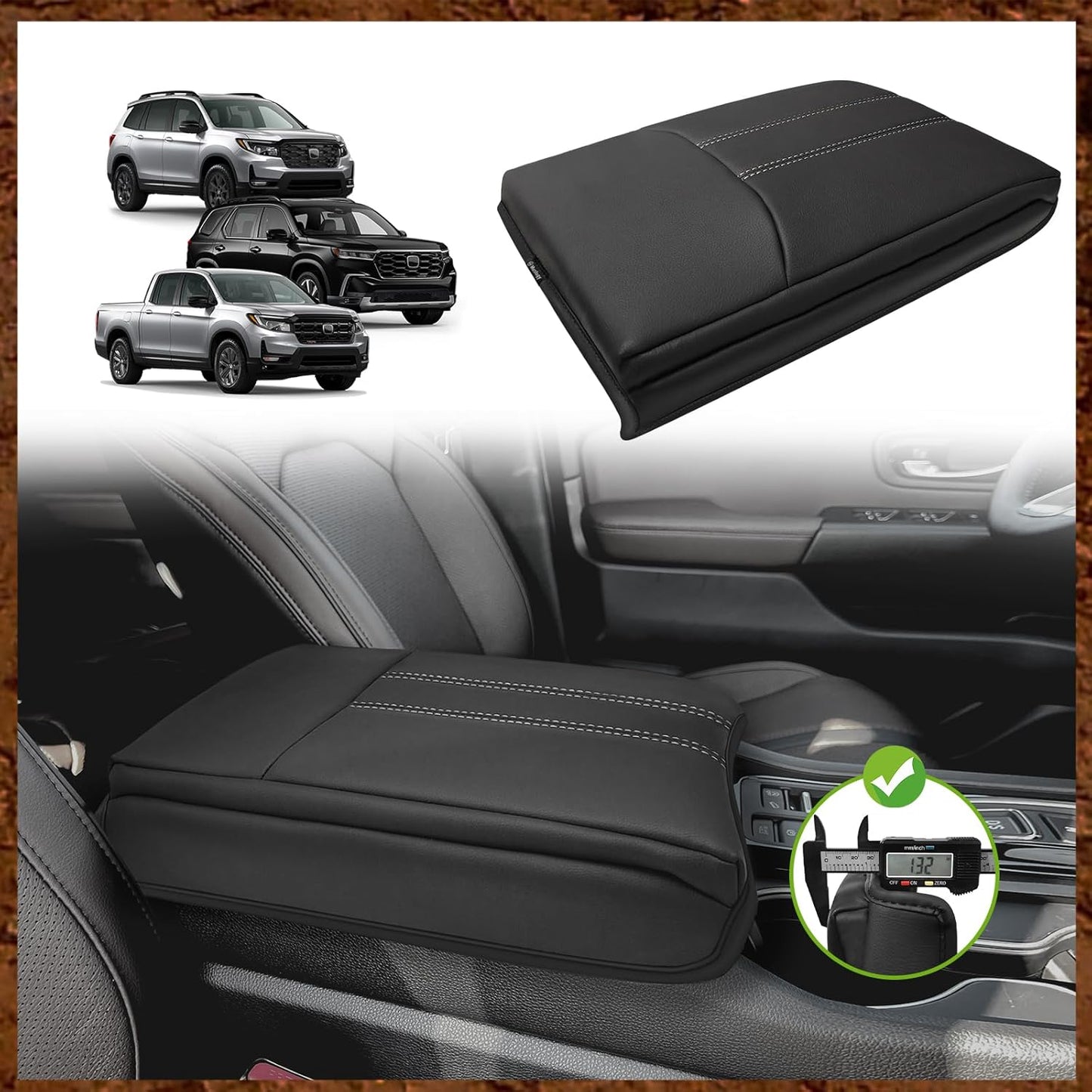 Muslogy Center Console Cover Compatible with Honda Pilot 2023 2024 2025, 2024-2026 Ridgeline/Passport Accessories Armrest Pad Lid Cushion Console Protector Vegan Leather Extra Soft(Black/Orange Trim)