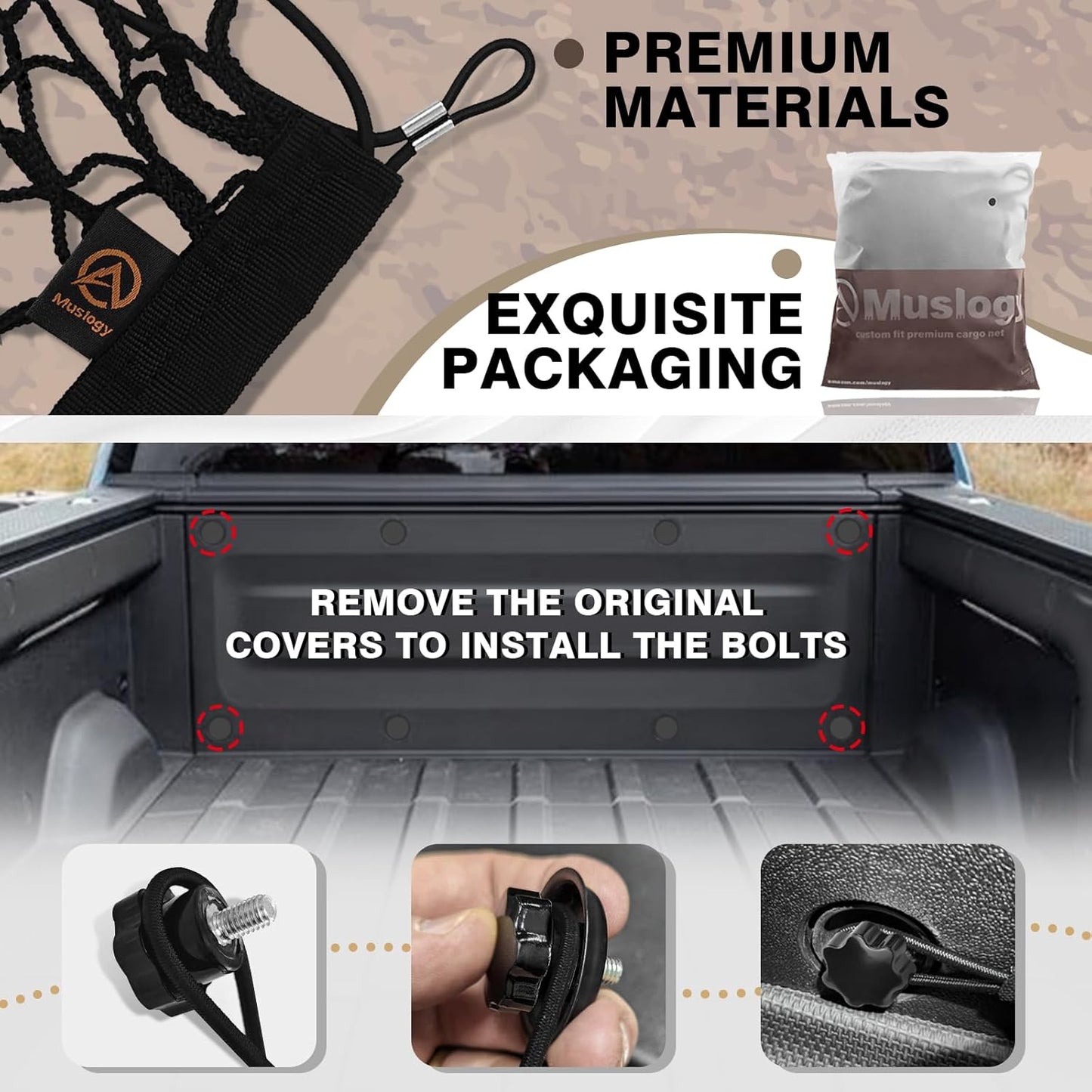 Muslogy Truck Bed Cargo Net Compatible with Rivian R1T 2022-2024 2025 Accessories Storage Organizer Pickup Truck Bed Envelope Style Cargo Net with Heavy Duty Carabiners