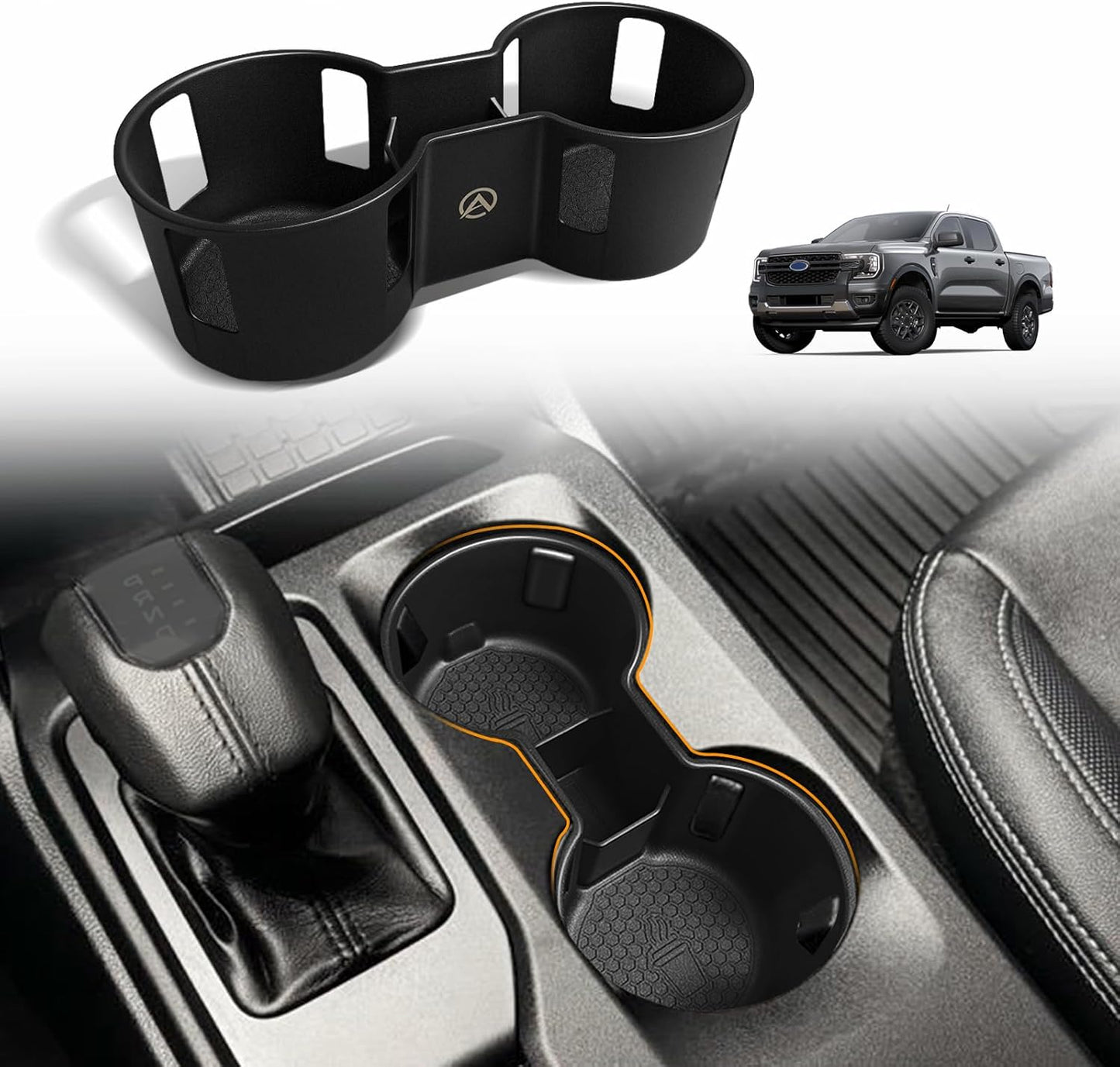 Muslogy Center Console Cup Holder Inserts Compatible with 2024 2025 Ford Ranger Accessories Middle Console Drink Holder Silicone Black Organizer Non-Slip Drink Stopper