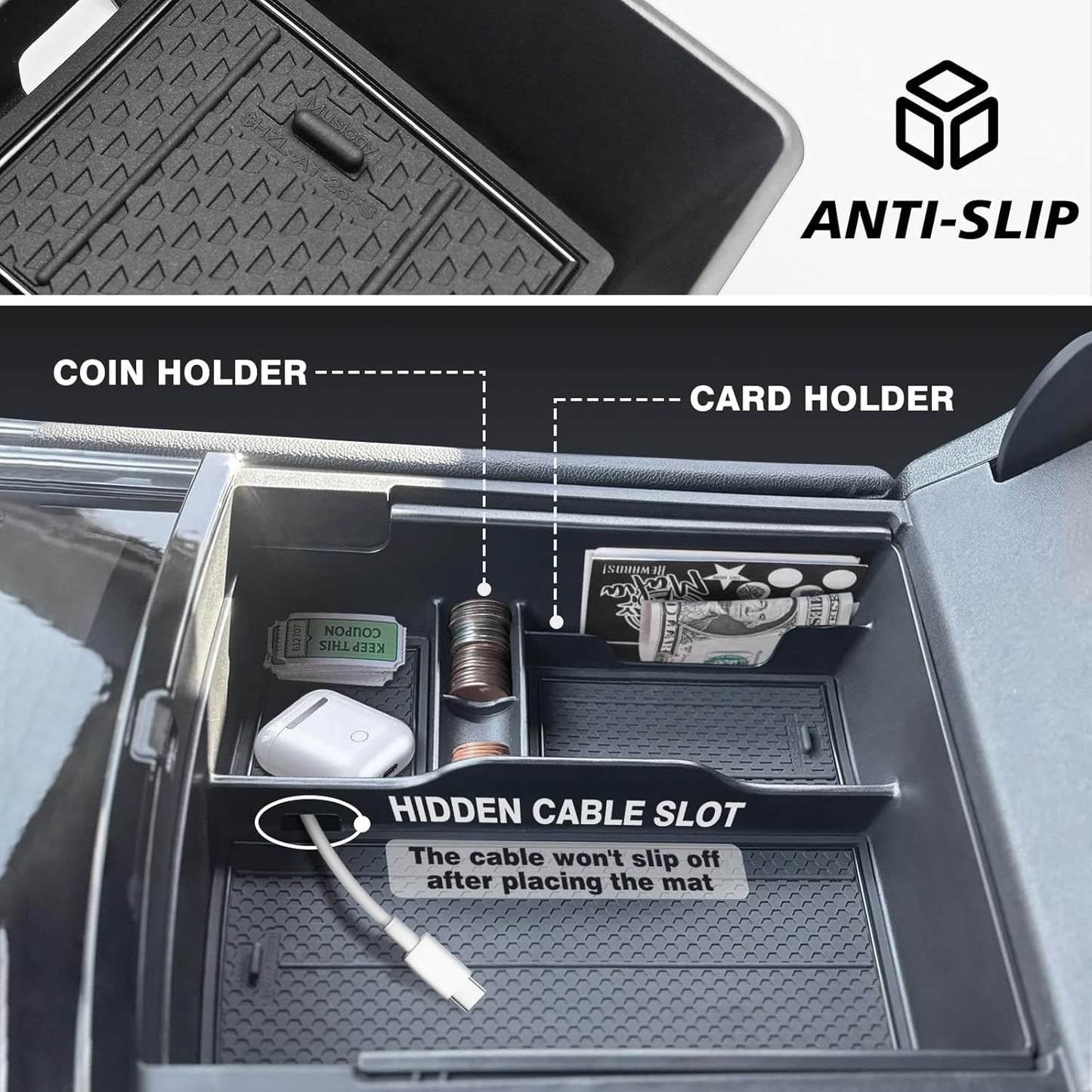 Muslogy Center Console Organizer Compatible with 2024 2025 GMC Acadia & Chevy Traverse & 2025 Buick Enclave Accessories Middle Console Storage Box Armrest Insert Tray Cable Holder ABS Material