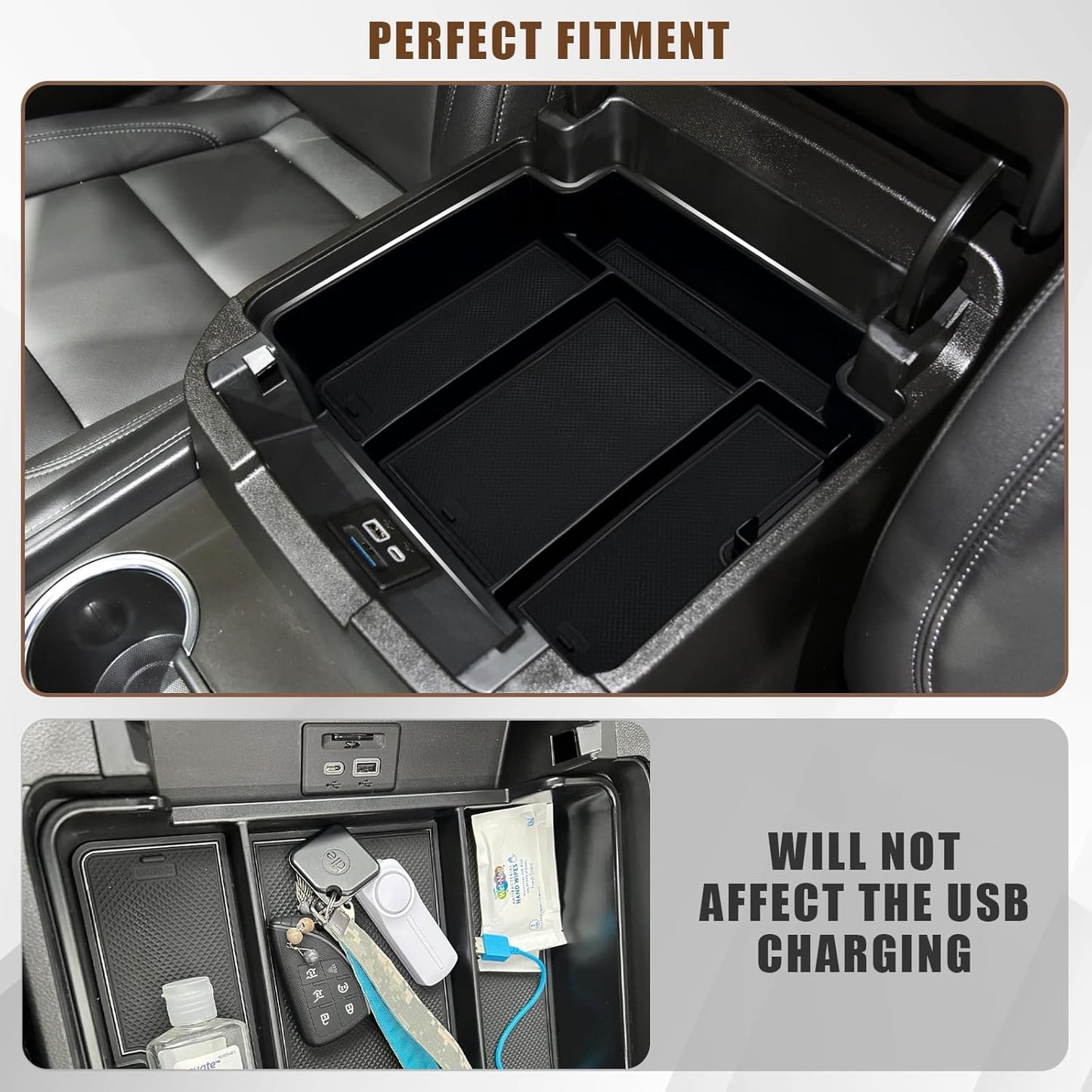 Muslogy for 2021-2025 Yukon Tahoe Suburban Center Console Tray Middle Organizer ABS Armrest Storage Box Compatible with GMC Yukon Tahoe Suburban 2021 2022 2023 2024 2025 Not for Sliding Console(Black)