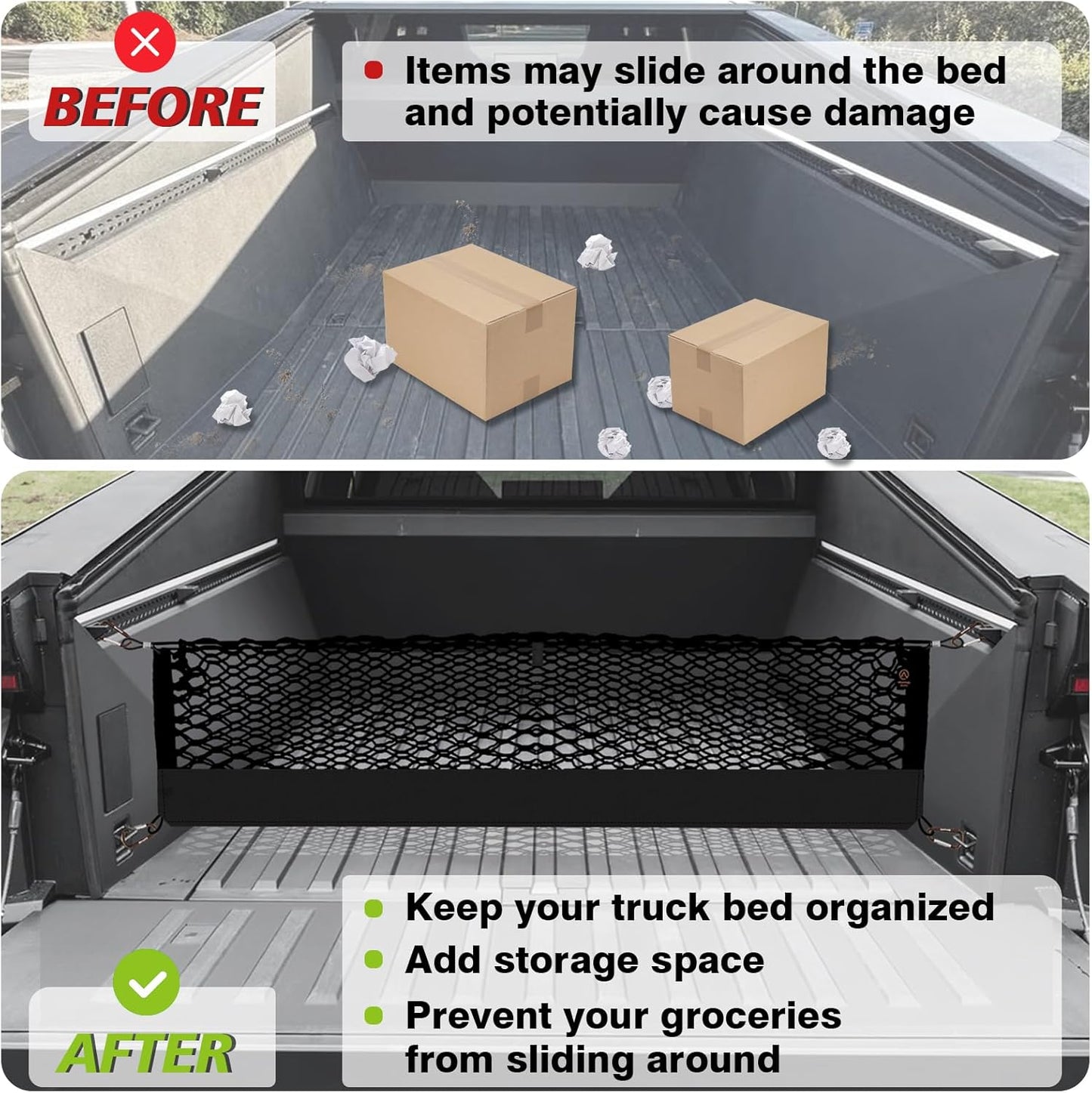Muslogy Truck Bed Cargo Net Compatible with Tesla Cybertruck 2023 2024 2025 Accessories Storage Organizer Pickup Truck Bed Envelope Style Cargo Net with Heavy Duty Carabiners