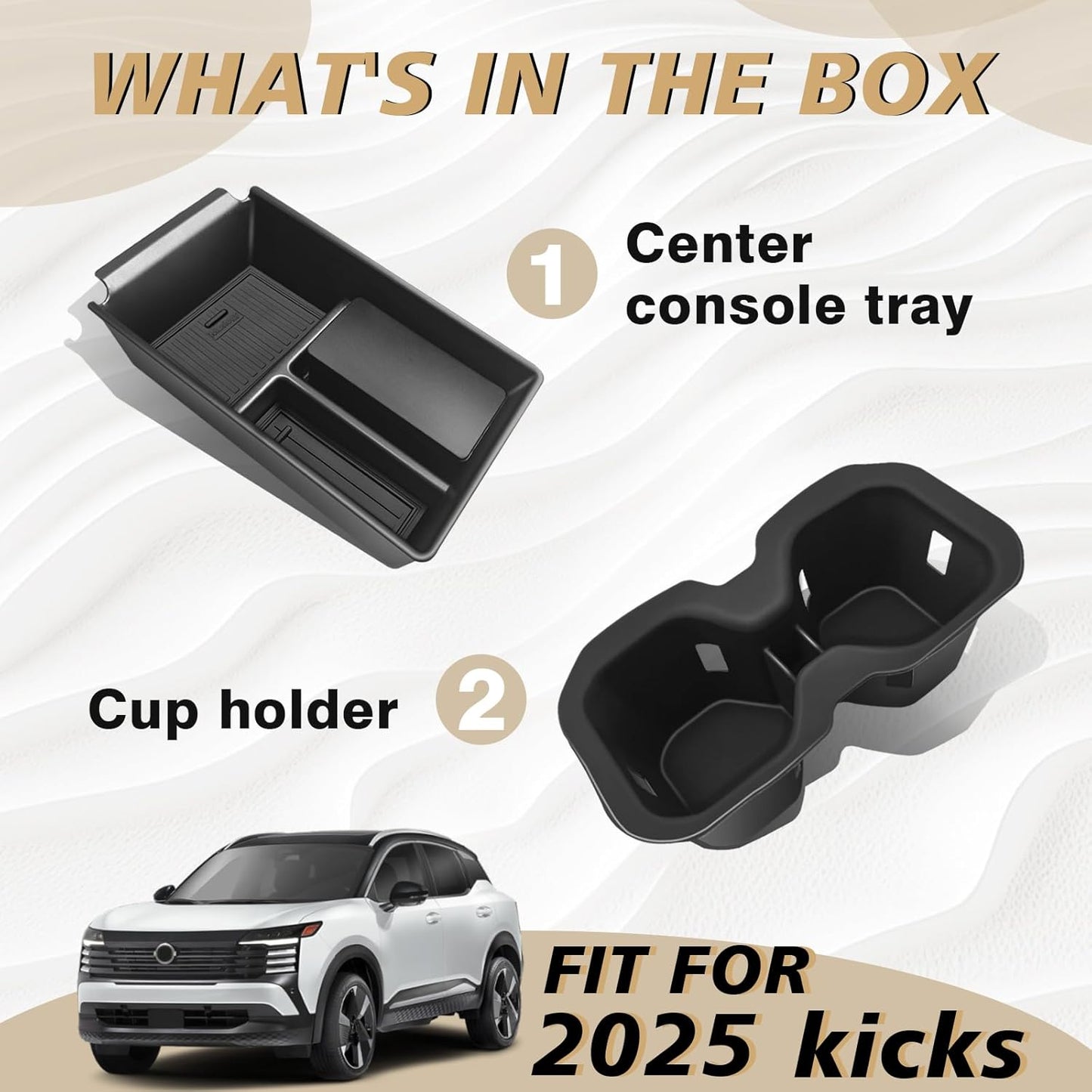 Muslogy Center Console Organizer & Cup Holder Insert 2PCS Set Compatible with 2025 Nissan Kicks Accessories Armrest Box Divider Storage Tray and Drink Stopper Non-Slip (Console Tray & CupHolder)