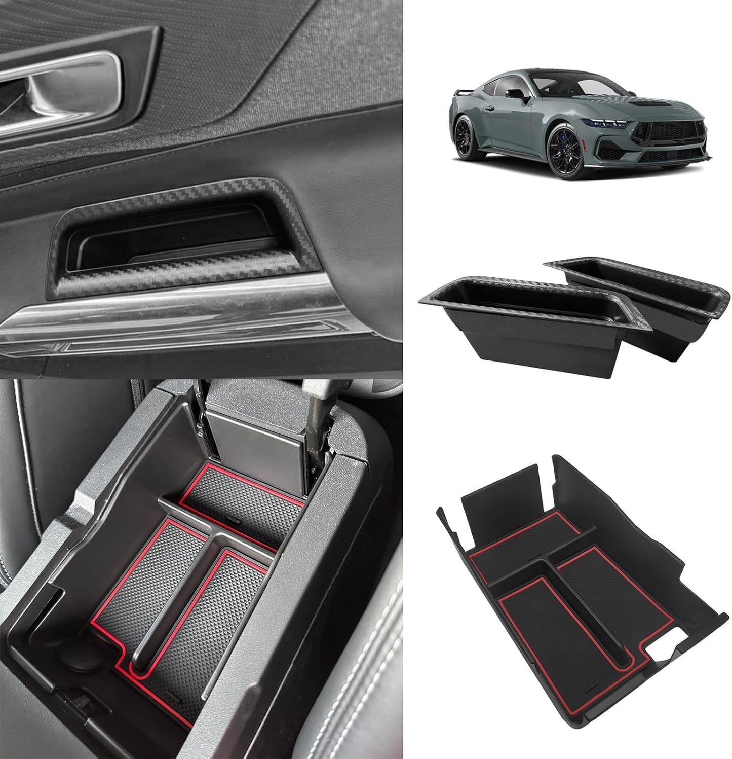 Muslogy for 2024 2025 Mustang Door Handle Storage Box 2PCS Door Pocket Insert Organizer Interior Accessories Armrest Phone Container ABS Tray Compatible with Ford Mustang 2024 2025