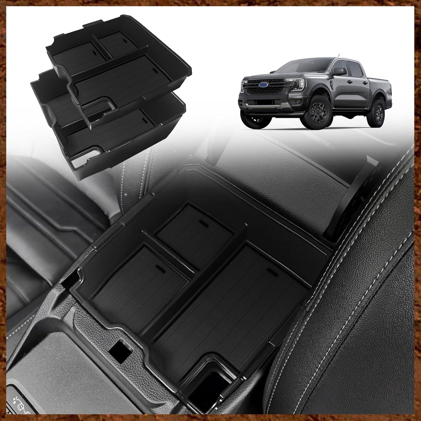 Muslogy Center Console Organizer Compatible with Ford Ranger 2024 2025 & Raptor Accessories Two-Layer Storage Box Insert Tray Secondary Storage Divider Armrest Tray ABS Material Glove Box (Black)