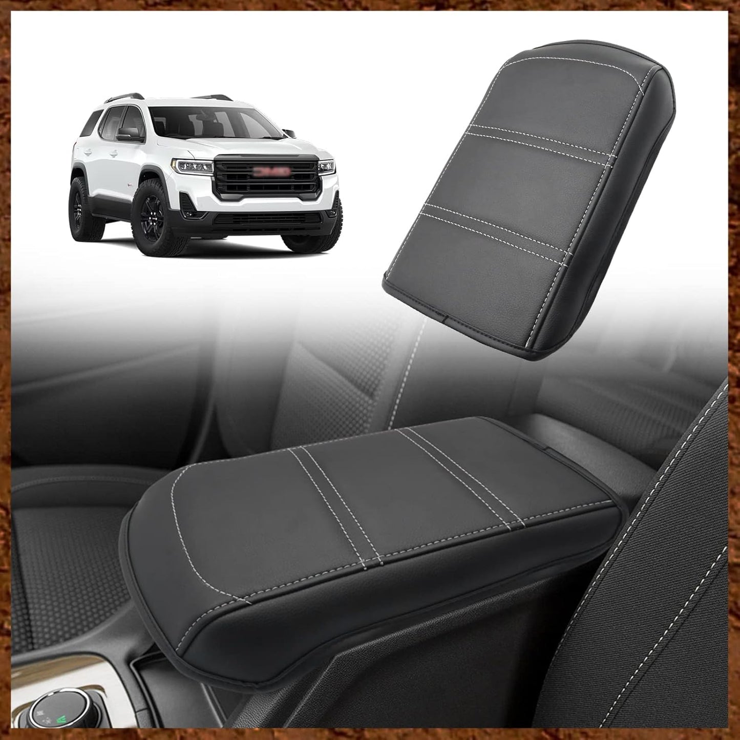 Muslogy Armrest Cover Center Console Cover Compatible with 2024 2025 GMC Acadia & Chevrolet Chevy Traverse Accessories Vegan Leather Arm Rest Middle Console Protector (Black/Red Stitching)