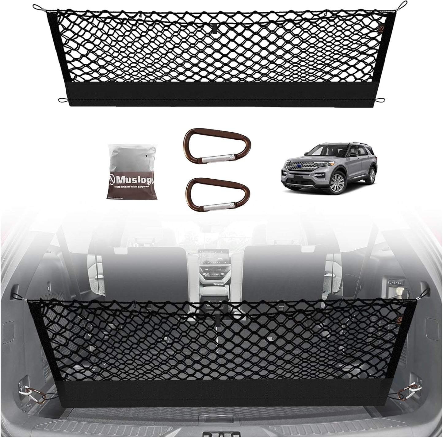 Muslogy Envelope Style Trunk Cargo Net Compatible with 2020-2024 2025 Ford Explorer Accessories Custom Fit Trunk Organizer Upgraded Mesh Storage Luggage Net with Metal Hooks