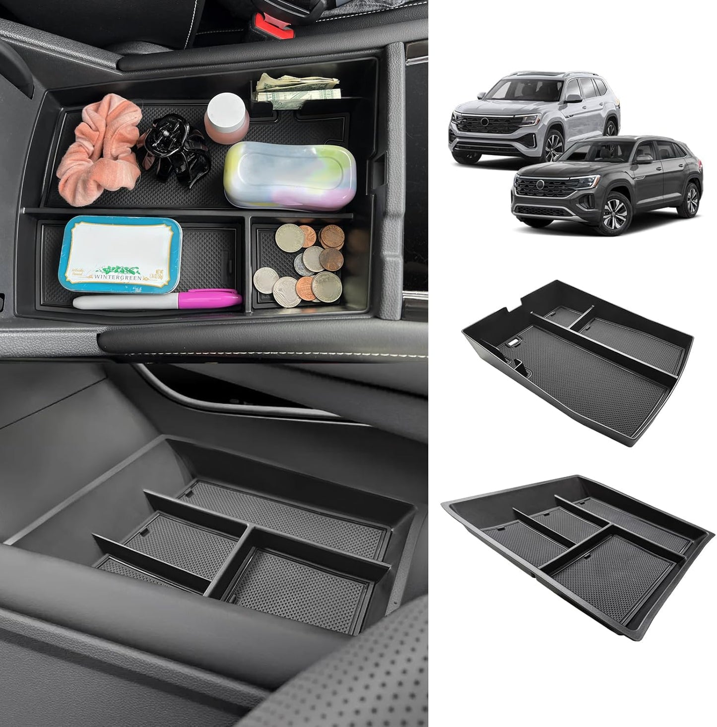 Muslogy Center Console Organizer Compatible with Volkswagen Atlas & Cross Sport 2024 Accessories Middle Console Storage Box & Armrest Front Tray 2PCS Set (Console Organizer+Armrest Front Tray)