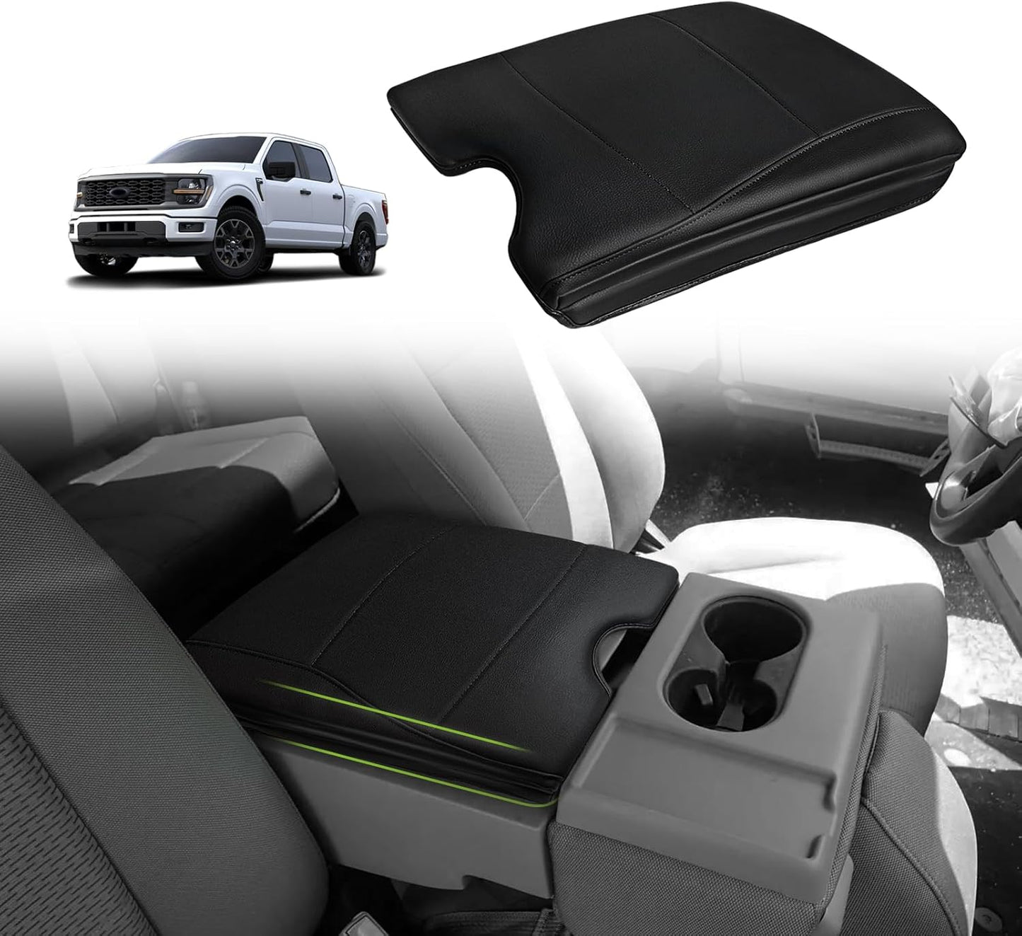 Muslogy Center Console Armrest Cover Compatible with Ford F-150 F150 2021-2025 Comfort Armrest Pad Arm Rest Cushion Vegan Leather Protector Regular Thick(WorkSurface ONLY)