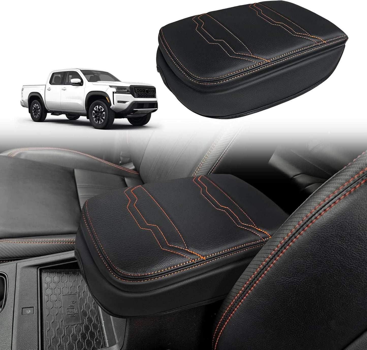 Muslogy for Frontier Center Console Pad Armrest Box Cover Vegan Leather Soft Accessories Armrest Lid Protector Compatible with Nissan Frontier 2022-2024 2025 (Regular Thick, V1 Black Stitching)