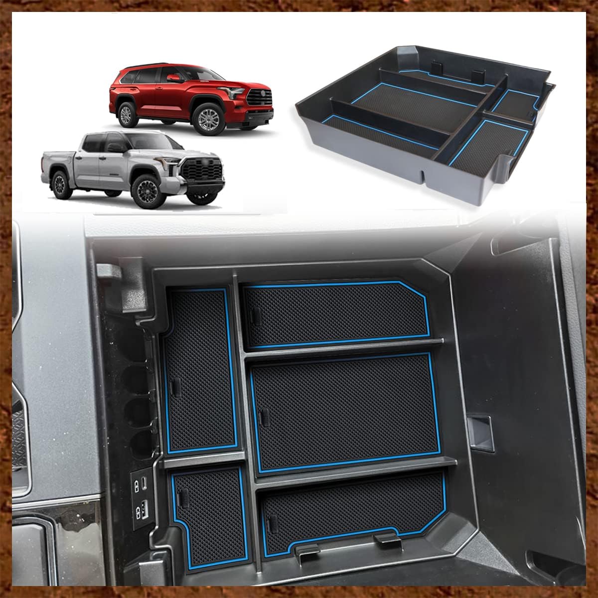 Muslogy Center Console Organizer Compatible with 2022 2023 2024 2025 Toyota Tundra Accessories & 2023-2025 Sequoia Console Storage Box Divider Insert Tray ABS Material with Non-Slip Mats(Rubber Black)