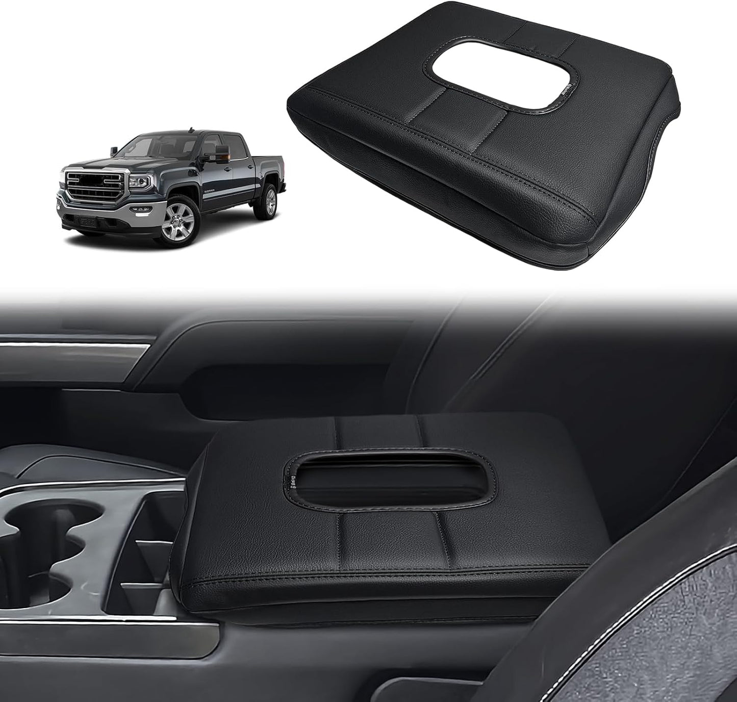 Muslogy Center Console Armrest Cover Compatible with Chevy Silverado & GMC Sierra 1500 2500 3500 2014-2018 Comfort Armrest Pad Arm Rest Cushion Vegan Leather Protector Regular Thick(Bucket Seat ONLY)