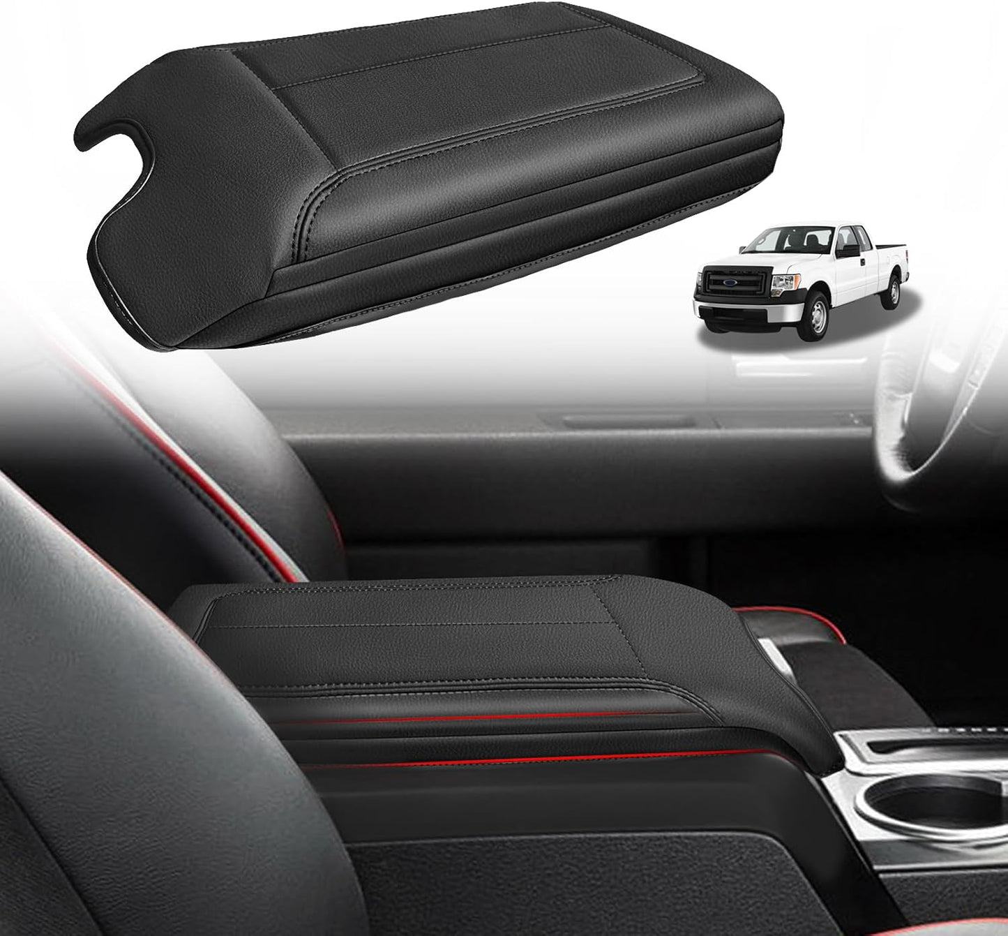 Muslogy Center Console Armrest Cover Compatible with Ford F-150 F150 2021-2025 Comfort Armrest Pad Arm Rest Cushion Vegan Leather Protector Regular Thick(WorkSurface ONLY)