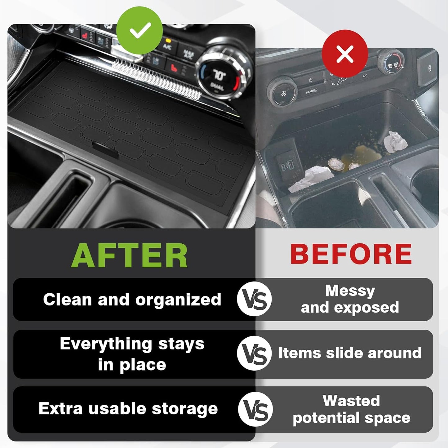 Muslogy Front Center Console Organizer Fits for Ford F150 F-150 Accessories 2021-2024 2025 Interior Storage Hidden Compartment Removable Cover Secret Pocket Lid with USB Hole