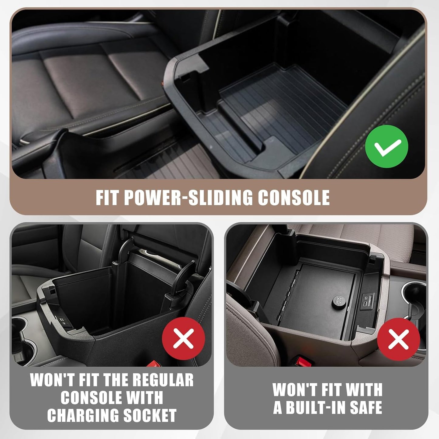 Muslogy for 2021-2024 2025 Sliding Console Yukon Tahoe Suburban Center Organizer Armrest Storage Tray Compatible with GMC Yukon Chevy Tahoe Suburban Fit for Power Sliding Console (Black)