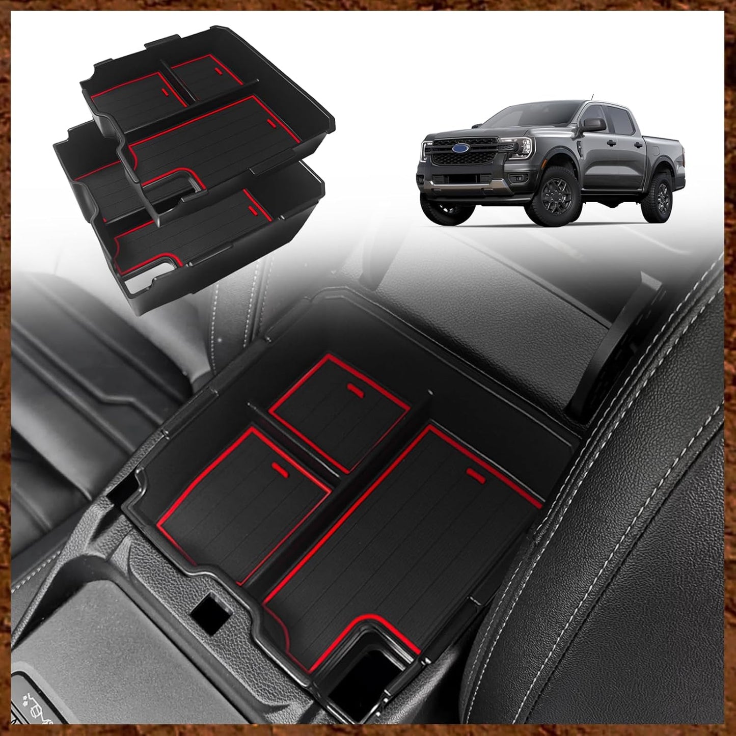 Muslogy Center Console Organizer Compatible with Ford Ranger 2024 2025 & Raptor Accessories Two-Layer Storage Box Insert Tray Secondary Storage Divider Armrest Tray ABS Material Glove Box (Black)