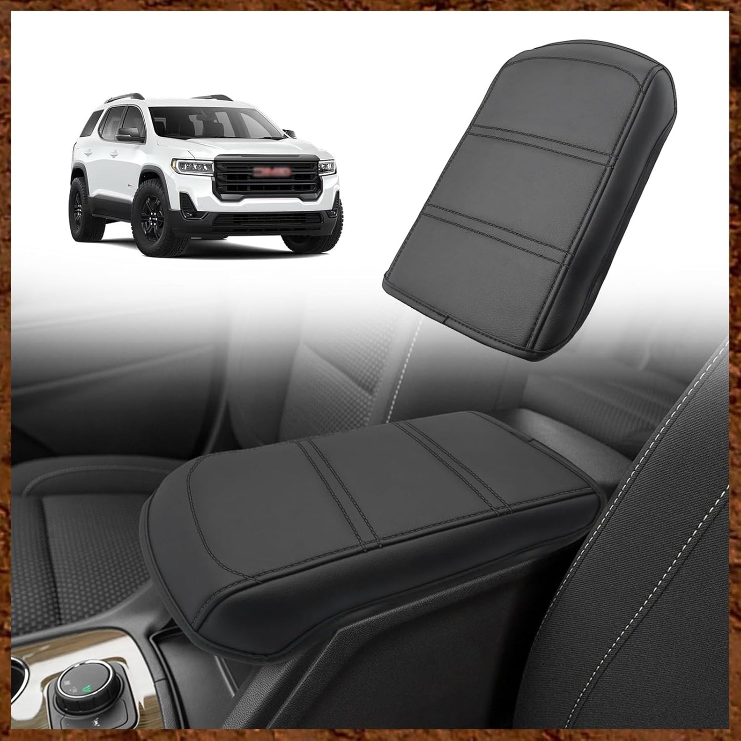 Muslogy Armrest Cover Center Console Cover Compatible with 2024 2025 GMC Acadia & Chevrolet Chevy Traverse Accessories Vegan Leather Arm Rest Middle Console Protector (Black/Red Stitching)